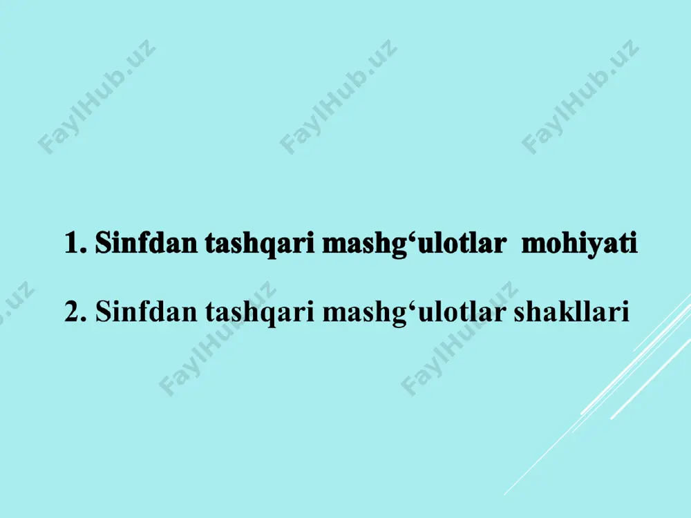 ashabbus bo’yicha to’garaklar ochilishi – 50 % pedagogga, 25 % maktabga, 25 % soliq to‘garak asosida ixtiyoriylik prinsipi yotadi. odatda to‘garaklar yaxshi o‘qiydigan o‘quvchilar uchun tashkil etiladi. ammo ba’zida yaxshi o‘qimaydigan o‘quvchilar ham hohish bildiradilar va to‘garakda yaxshi natijalarga erishadilar. to‘garak ishini 2 yo‘nalishga ajratsa bo‘ladi. birinchisi, asosan, fikrlashni rivojlantirishga va hisoblash texnikasi, informatikaga bo‘lgan boshlang‘ich qiziqishni shakllantirishga yo‘naltirilgan. qoloq o‘zlashtirilayotgan o‘quvchilar bilan o’zlashtirish samaradorligini oshirish uchun to’garaklar tashkil etish va soddalikka erishish maqsadga muvofiq bo’ldi. ikkinchisi, informatika bo‘yicha bilimlarni chuqurlashtirish va dasturlash tillarni o‘rganish. yaxshi o‘zlashtirilayotgan o‘quvchilar bilan to’garak mashg’ulotlarini maqsadli o’tkazish; bunday guruhlarni tashkil etish o’quvchilarning bilim saviyasiga e’tibor qaratiladi. umumiy o’rta ta’lim maktablarda o’tkaziladigan sinfdan tashqari ishlar, jumladan, informatika fanidan to’garak mashg’ulotlar quyidagi asosiy maqsadlarni nazarda tutadi: -o’quvchilarda informatika fanini o’rganishga bo’lgan qiziqishini, bu fan bilan shug’ulanish istagini va talabini rivojlantirish; -o’quvchilarning mustaqil va ijodiy faoliyatlarini rivojlantirish; -o’quvchilarni matematik va fikrlash qobilyatlarini rivojlantirish; -kichik yoshdagi o’quvchilarning fakultativ …