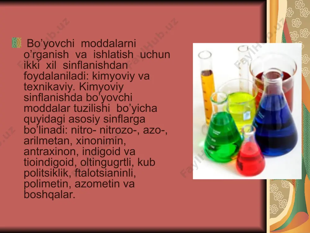 ri esa 5 – balli sistema bo’yicha aniqlanadi. chiqarish holatlari va namunaga keltirish. bo’yovchi moddalar quyidagi holatlarda chiqariladi: oddiy kukun, o’ta maydalangan kukun, donachalar, pasta va suyuqlik. har bir holat o’zining yaxshi va yomon tomonlariga ega. chiqarish holatlarining sifatini bo’yash natijasi ko’rsatadi, ayniqsa, suvda erimaydigan bo’yovchi moddalar va pigmentlar, kub, dispers bo’yovchi moddalar uchun ularning fizik holati katta ahamiyatga ega. transport qilishga mos qilish, saqlashda chidamli va bo’yash jarayonini engillatish uchun bo’yovchi modda tarkibiga turli yordamchi moddalar qo’shiladi. namunaga keltirish – chiqarilayotgan partiyadagi bo’yovchi moddalar kontsentratsiyasini va tusini standart bo’yovchi modda ko’rsatgichiga keltirishdir. standart bo’yovchi modda, namuna deb qabul qilinadi, u 100% li na’munadir. bundan past % li na’muna chiqarilmaydi, lekin standartga nisbatan 150-200 % li va undan ortiq na’munalar chiqariladi. suyultirish uchun tuzlar, dekstrin, hamda «tus o’zgartirgich» bo’yovchi moddalar qo’shiladi. bo’yovchi moddalar changlanmasligi uchun, odatda quritish jarayonidan oldin, ularga 1-2 % mineral yoki silikon moyi aralashtiriladi. suvda yaxshi xo’llanishi …