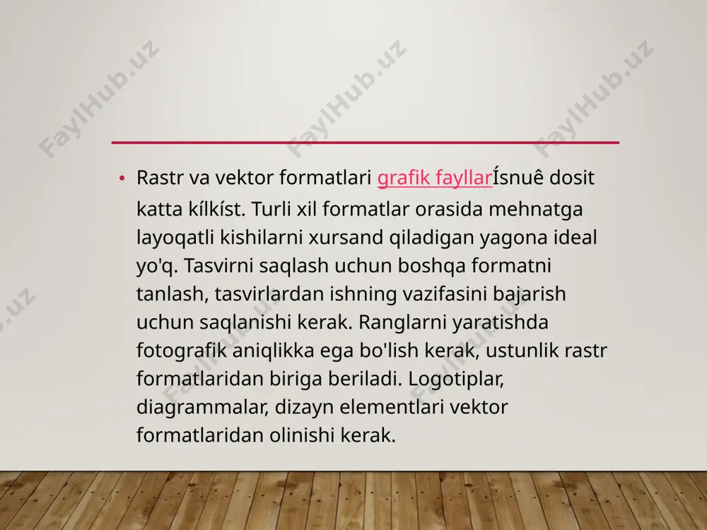 talshtirmaydi. shuning uchun xotira hajmi nuqtali grafika(rastrli)ga qaraganda juda kichkina. vektorli grafikning obyektlari oson ko’chiriladi, ularni shunchaki маnipulyatsiya qilish, tasvir sifatiga hech qanday ta’sir ko’rsatmaydi. bu tasvirni masshtablashtirish oddiy matamatik amallar yordamida amalga oshirilganligi uchun mumkin (grafikaning avvalgi parametrlarini masshtablashtirish koeffitsientiga ko’paytiriladi). 13 frаktаl grаfikа image3.jpg image4.png image5.jpeg image6.jpeg image7.jpeg image8.jpeg image9.jpeg image10.jpeg image11.jpeg image12.jpeg image13.jpeg image14.png image15.png image16.jpeg image17.png image18.png image19.jpeg image20.png image21.jpeg image22.png image1.jpeg image2.jpeg
