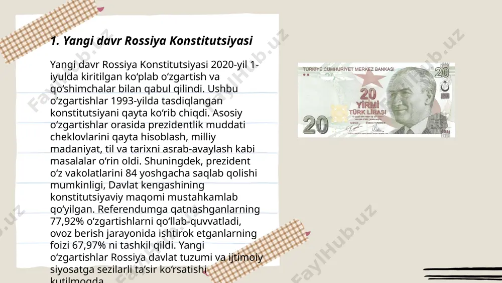 ldi. 2019-yilda rossiya qamoqxonalari aholisi soni 523 mingdan ortiq edi, ammo so'nggi yillarda bu ko'rsatkich pastlab bormoqda. 2022-yilga kelib, qamoqxona aholisi 400 mingdan biroz oshdi. yillik sud ishi soni milliondan oshadi. islohotlar uchun ko'plab xalqaro va mahalliy tashkilotlar monitoring olib bormoqda. yangi davr rossiya huquqi mamadiyarova zarifa e'tiboringiz uchun raxmat! image1.png image2.png image3.png image4.jpg image5.png image6.jpg /docprops/thumbnail.jpeg