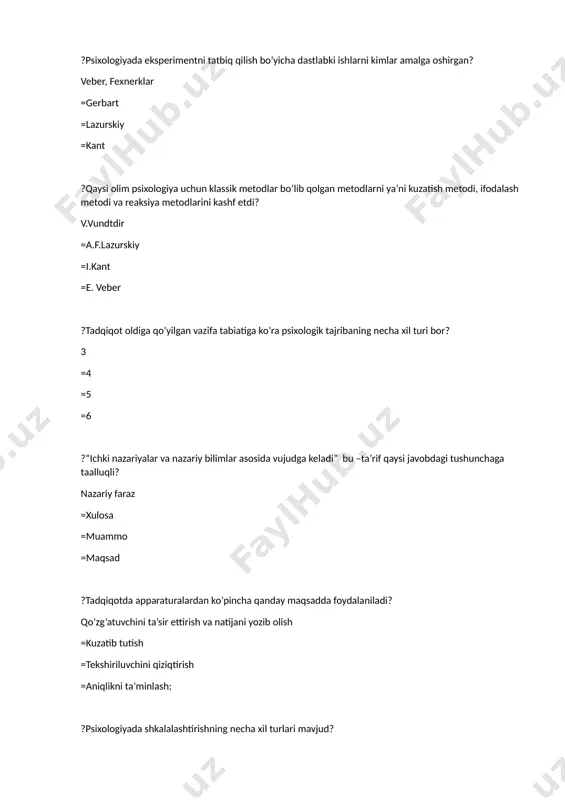 ga bo’linadi? 3 ta =4 ta =5 ta =7 ta ?s. l. rubinshteyn “ummiy psixologiya asoslari” kitobida eng asosiy psixologik metodlar sifatida .... ni ajratib ko’rsatadi. nuqtalar o’rniga kerakli so’zni qo’ying. kuzatuv, eksperiment =kuzatuv, suhbat =ichki va tashqi kuzatuv =suhbat, eksperiment ?modellashtirishning qanday asosiy turlari bor? struktura- funksionalli, funksional- strukturali =deduktiv, induktiv =empirik, nazariy =ichki, tashqi ?eksperimental psixologiyaning asosiy metodlariga qaysi metodlar kiradi? laboratoriya eksperimenti va ularning modifikatsiyasi, tabiiy eksperiment =kuzatish, suhbat, korrellyatsion kuzatuv =kuzatish, faoliyat mahsullari tahlili =kuzatish, faoliyat tahlili ?eksperiment o’tkazishdagi mustaqil ko’rsatkichning ta’sirini aks ettiradigan faoliyatning ba’zi jihatlaridan biri – bu... nuqtalar o’rniga kerakli so’zni qo’ying. tobe ko’rsatkich =erkin ko’rsatkichlar =miqdoriy ko’rsatkich =sifat ko’rsatkichi ?o’rtacha arifmetik qiymat, moda va mediana qanday o’lchov turlari hisoblanadi? markaziy an’analar =o’zgaruvchanlik o’lchovi =o’zaro aloqalar o’lchovi =omilli tahlil ?g.yu.ayzenk metodikasi qanday shkalalardan iborat? ekstraversiya-introversiya, neyrotizm, yolg’on =psixotizm, nevrotizm, depressiya =ijtimoiy dadillik, shizotimiya, =ijtimoiy dadillik, depressiya ?korrektor sinovi metodidan qanday maqsadda foydalaniladi? diqqat …