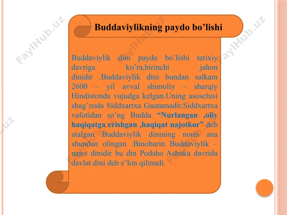 xususan ,kushonlar hukumronligi davrida bu din bizning o’lkamizga ham kirib kelgan .bu sulola hatto buddaviylikka davlat dini maqomini bergan buddaviylik 900 yil davomida hindistonda ravna topdi va gullab yashnadi buddaviylik xix – xx asrlarda amerika va yevropa davlatlarida ham o’z jamoalarini vujudga keltira oldi. buddaviylikning jahon diniga aylanishi budda haykali buddaviylik ta'limoti. buddaviylik qadimiy hind diniy-falsafiy ta'limotlari asosida vujudga kelgan, amaliyot va nazariyotdan iborat diniy sistemadir. uning asosi "xayot – bu azob-uqubatdir" va "najot yo'li mavjud" degan g'oyadir. buddaviylik qonuniyatlariga ko'ra, inson o'ziga moslashgan mavjudot bo'lib, o'zida tug'iladi, o'zini-o'zi halok qiladi yoki qutqaradi. bu narsa buddaviylikning ilk da'vatida mujassamlashgan to'rt haqiqatda o'z ifodasini topgan. birinchi haqiqat – "azob-uqubat mavjuddir". har bir tirik jon boshidan kechiradi. shuning uchun har qanday xayot – qiynoq, azob-uqubatdir. ikkinchi haqiqat. "qiynoqlarning sababi mavjuddir". inson moddiy narsalar yoki ma'naviy qadriyatlardan foydalanib, ularni haqiqiy va doimiy deb hisoblaydi va doimo ularga ega bo'lishga intiladi. uchinchi haqiqat. "qiynoqlarni …