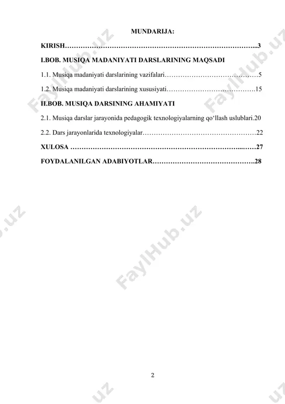 o‘zi tanlagan yangilanish va ijtimoiy taraqqiyot yo‘lidan shahdam odimlar bilan bormoqda. tarixdan ma’lumki, milliy qadriyat, ma’naviyat tantana qilgan jamiyat to‘g‘risida bizning o‘tmishdagi buyuk ajdodlarimiz orzu qilgan. “biz,- deb yozgan birinchi prezident i. a. karimov, - yuksak ma’naviyatli, ilm, fan, erkinlikka intilgan xalqimiz ixtiyoriga mos bo‘lgan davlat quramiz”. [footnoteref:1] [1: karimov i.a. barkamol avlod – o’zbekiston taraqqiyotining poydevori. – t.: o’zbekiston, 1997. – 63 bet.] respublikamiz ijtimoiy hayotining barcha sohalarida amalga oshirilayotgan islohotlar jamiyatimizni iqtisodiy, ijtimoiy, siyosiy, madaniy va ma’rifiy jihatdan jahonning eng rivojlangan mamlakatlari qatoridan o‘rin olishga mustahkam zamin yaratadi. mana shunday o‘zgarishlar barcha jabhalarda bo‘lgani singari ta’lim-tarbiya tizimida ham izchillik bilan amalga oshirilmoqda. kurs ishi mavzusining dolzarbligi. musiqa darsining ahamiyati shundaki, musiqa insoni kamolotga yetkazadi. darsdagi mavzular esa o‘quvchilarga milli musiqa madaniyatimizni, musiqa savodxonlikni, yevropa musiqasin o‘rgatadi hamda dunyoqarashini boyitadi. sog‘lom avlodni tarbiyalashda milliy istiqlol mafkurasini shakllantirish va o‘quvchi yoshlarni ongiga singdirish vositalari ichida musiqa va tasviriy san’at alohida …