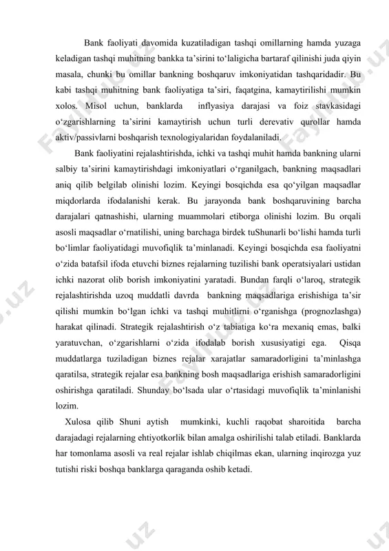 bilan amalga oshirilishi talab etiladi. banklarda har tomonlama asosli va real rejalar ishlab chiqilmas ekan, ularning inqirozga yuz tutishi riski boshqa banklarga qaraganda oshib ketadi. tijorat banklari resurslarini strategik boshqarish ichki va tashqi muhitlar va omillarning ta’sirini kamaytirish orqali boshqarish. resurslar negizi bank faoliyati uchun birinchi darajali ahamiyatiga ega. biz bilamizki, tijorat banklari aktiv operatsiyalarini o‘zlarida mavjud bo‘lgan hamda jalb etilgan pul mablag‘lari manbalari doirasidagina amalga oshira oladilar. binobarin, ayni passiv operatsiyalar aktiv operatsiyalarini xajmi va miqyosini belgilaydi. bank passivlarini shakllantirish va maqbullashtirish jarayoni, tijorat banklarining resurs salohiyatini tashkil etadigan pul mablag‘larining barcha manbalarini boshqarish sifatini kasb etadi. banklarning barqaror resurslar negizi uning aktiv operatsiyalar barcha turlarini muvaffaqiyatli ravishda o‘tkazish imkonini beradi. shu sababli, har bir tijorat banki o‘z resurslari negizlarini oshirib borishga intiladi. tijorat banklari qarz mablag‘larini keng jalb etmoqdalar. qarz mablag‘lari hisobiga aktivlar jami miqdorining 80%dan ko‘prog‘i shakllanadi. bank operatsiyalaridan olinadigan nisbatan yuqori bo‘lmagan foyda arzongina qarz mablag‘laridan, …