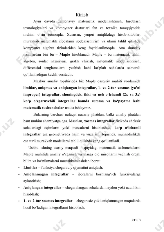 bu ii-tur xosmas integral deb ataladi. ii-tur xosmas integrallar ko’pincha singular nuqtalarni o’rganishda ishlatiladi. teorema (ii-tur xosmas integralning yaqinlashish sharti). agar bo’lsa, x → b− da, unda faqat p > > > > > > > > ikki karrali integrallar ta’rif. ikki o‘zgaruvchili f(x,y) funksiyaning ma’lum sohadagi yuzasi ostidagi hajmni topish uchun ikki karra integraldan foydalaniladi. u quyidagicha belgilanadi: bu yerda: · d — ikki o‘zgaruvchili funksiyaning aniqlanish sohasi (masalan, to‘g‘ri to‘rtburchak yoki egri chiziq bilan chegaralangan soha), · f(x,y) — sohada aniqlangan funksiyaning qiymati, · dx dy — differensial elementlar. geometrik ma’nosi. ikki karra integral – bu z=f(x,y) sirt ostidagi d sohada joylashgan hajmni ifodalaydi. u xuddi aniq integralga o‘xshaydi, faqat bir o‘zgaruvchili emas, ikki o‘zgaruvchili funksiyaga nisbatan olinadi. hisoblash tartibi. agar soha d to‘g‘ri to‘rtburchak bo‘lib, a≤x≤b c≤y≤d bo‘lsa, ikki karra integralni quyidagicha hisoblash mumkin: yoki: tartibni o‘zgartirish mumkin, bu integrallanuvchi funksiyaga bog‘liq. ikki karrali integrallar maple dasturida …