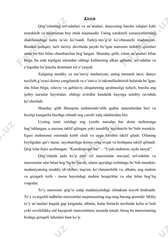 disadir. to’y va tegishli tadbirlar marosimlar majmuasining eng rang-barang qismidir. milliy to’y an’analari haqida gap ketganda, albatta, bular birinchi navbatda kelin to’lash yoki sovchilikka oid hayajonli marosimlarni nazarda tutadi, biroq bu marosimning boshqa qiziqarli lahzalari ham ko’p. hammasi oilaviy an’analar qirg’izlar uzoq tarixga ega bo’lib, oilani saqlash, ko’paytirish va farovonligini, uning farovonligini oshirishga e’tibor qaratgan. patriarxal turmush tarziga ega bo’lgan oila har doim qirg’iz xalqining har bir vakilining hayotida muhim rol o’ynagan: an’analar oilada tinchlikni saqlashga, tajriba va bilimlarni yangi avlodlarga o’tkazishga qaratilgan. kishi koʻp nasl va koʻproq chorvador boʻlishga, obroʻ-eʼtiborli va badavlat kishilar bilan turmush qurishga, qarindosh-urugʻ, qoʻni-qoʻshnilarga yordam berishga intilgan. исхаков м. м. центральная азия в системе мировой письменной культуры. – ташкент: умэд, 2008. – 340 с. qirg’izlar keksa avlodni tajriba va donishmand sifatida e’zozlashga katta ahamiyat beradi. oqsoqollar va hurmatli kishilar ziyofatda hurmatli joyga o’tiradilar, ularga eng yaxshi noz-ne’matlar beriladi.. ilgari yoshlar o’rtasidagi nikoh faqat ota-ona kelishuvi …