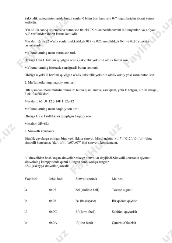 r qism, yoki e belgisi, o’nlik daraja , f eki f suffikslari. masalan : 66. .0 .12 3.14f 1.12e-12 ma’lumolarning uzun haqiqiy son turi : ohiriga l eki l suffikslari quyjilgan haqiqiy son. masalan: 2e+6l; 3. simvolli konstanta. bittalik qavslarga olingan bitta yoki ikkita simvol. misol uchun ‘x’,’*’,’\012’,’\0’,’\n’- bitta simvolli konstanta; ‘dd’,’\n\t’,’\x07\x07’ ikki simvolli konstantalar. ‘\’ simvolidan boshlangan simvollar eskeyp simvollar deyjiladi.simvolli konstanta qiymati simvolning kompyuterda qabul qilingan sonli kodiga tengdir. esc (eskeyp) simvollar jadvali: yozilishi ichki kodi simvoli (nomi) ma’nosi \a 0x07 bel (audible bell) tovush signali \b 0x08 bs (bascspase) bir qadam qaytish \f 0x0c ff (form feed) sahifani qaytarish \n 0x0a lf (line feed) qatorni o’tkazish \r 0x0d cr (carriage return) karetkani qaytarish \t 0x09 ht (horizontal tab) gorizontal tabulyatsi \v 0x0b vt (vertical tab) vertikal tabulyatsi \\ 0x5c \ (bacslash) teskari chiziq \’ 0x27 ‘ (single out) apostrif (oddiy qavs) \” 0x22 “ (double quote) ikkilik …