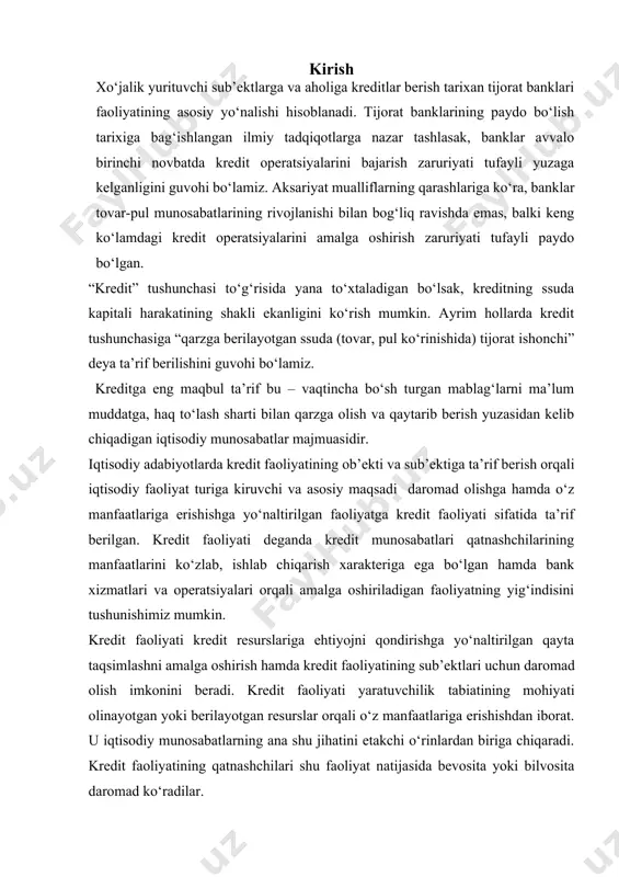 aqsimlashni amalga oshirish hamda kredit faoliyatining sub’ektlari uchun daromad olish imkonini beradi. kredit faoliyati yaratuvchilik tabiatining mohiyati olinayotgan yoki berilayotgan resurslar orqali o‘z manfaatlariga erishishdan iborat. u iqtisodiy munosabatlarning ana shu jihatini etakchi o‘rinlardan biriga chiqaradi. kredit faoliyatining qatnashchilari shu faoliyat natijasida bevosita yoki bilvosita daromad ko‘radilar. 1. tijorat banklarida kreditlashni tashkil etish asoslari. kredit faoliyati barcha manfaatdor taraflarga real foyda keltiradi. qarz oluvchilar ma’lum bir muddatga o‘zlarining tijorat, ishlab chiqarish va boshqa shu kabi manfaatlariga etishish maqsadida yirik pul kapitalidan foydalanish imkoniga ega bo‘ladilar. kreditorlar esa foiz ko‘rinishida daromad oladilar. bundan tashqari, kredit faoliyati ishlab chiqarishga investitsiyaning kirib kelishini rag‘batlantiradi, progressiv tarkibiy siljishlarga turtki bo‘ladi. bugungi kunda kredit iqtisodiyotni makrodarajada tartibga solishning muhim vositalaridan biriga aylangan. u milliy valyuta va baholar barqarorligini, iqtisodiy o‘sishni ta’minlash kabi birlamchi masalalarni hal etishda yordam beradi. shunday qilib, kredit faoliyatini ikki sub’ekt - qarz oluvchi va qarz beruvchi (kreditor)larning bo‘lishini taqazo etadigan amaliyot …