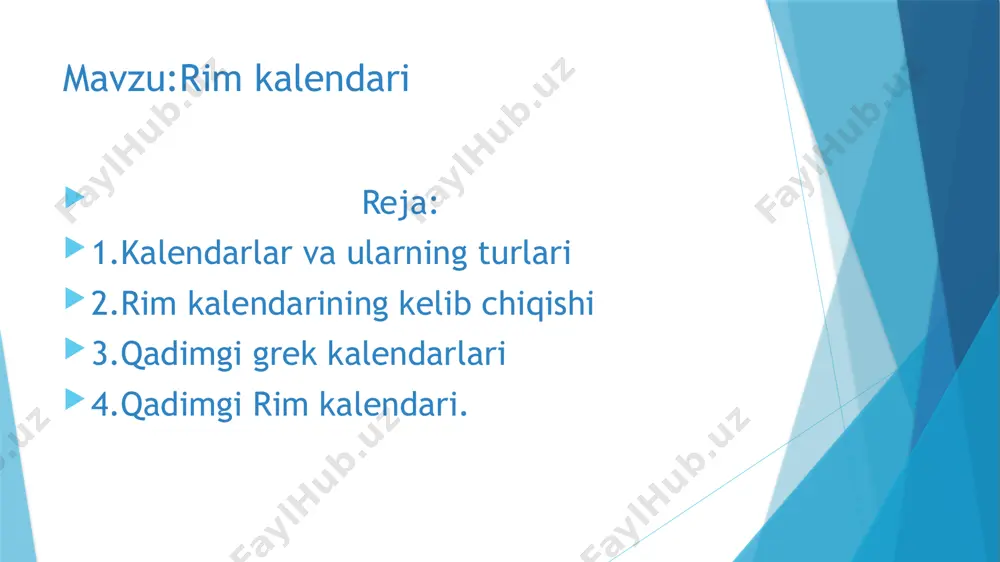 -oylar) va olti oy 30 kundan iborat bo'lgan. yil bahorgi tengkunlikdan boshlangan. «romul yili»ni astronomik vilga tenglashtirish maqsadida o'ninchi oyning oxiriga qo'shimcha kunlarni qo'shganlar. eramizdan avvalgi viii asrning oxirlariga kelib to'rtta kalendar oylariga nom berildi. yilning birinchi ovi «martius», ikkinchi oy «aprilis», uchinchi oy «mayus», to'rtinchi oy «yunius» deb ataldi. mazkur kalendar sinodik oy yiliga mos kelmasdi, lekin u quyosh kalendari ham emasdi. eramizdan avvalgi vii asrda kalendar islohoti o'tkaziladi. bu islohotni yarim afsonaviy shaxs rim podshosi numa pompiliy boshladi. u bir yilda kunlarning sonini 355 ga, oylarning sonini 12 ga yetkazdi. n'uma pompiliy islohoti natijasida qo'shimcha yangi ikki oy paydo bo'lib, yanuarus va februaris nomini oldi. kalendarda 7 oy 29, 4 oy 31, bitta oy «februarius» 23 sutkadan iborat bo'ldi. «februarius» oyiga har yili 5 kun qo'shiladigan bo'ldi. islohotlar natijasida «numa yili» astronomik bir oy \ il ¡dan bir sutka ortiq, tropik yildan esa 10,5 sutka qisqa edi. shuningdek, …