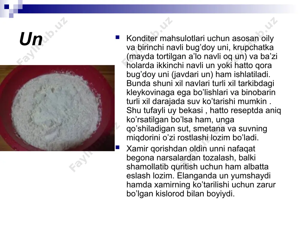 empalarga qo’shiladi). kakao kukuni- masalliqlar , kremlar, sirlar va shu kabilarni eng shirin pirog margarinni eritib, ustiga shakar solamiz va aralashtiramiz. ustiga 2 tuxum solamiz va yahshilab aralashtiramiz. un va vanilinni solamiz va aralashtiramiz. yong'oq, oq va qora shokoladni bo’laklarga bo'lib olamiz. maydalangan yong'oq va shokoladlarni qorishmaga solib, aralashtiramiz. qolip ustiga pishiriq qog'ozini yoyib, aralashmani quyamiz. dimxonani 180 c daraja issiqlikgacha qizdirib olib, 25-30 daqiqa davomida pishiramiz. sabzili keks aytishlaricha sabzili keksning asl vatani italiya bo’lib, keyinchalik u angliya, so’ng esa dunyoning boshqa mamlakatlarida ham ommalashgan ekan. bu keks tarkibidagi sabzi uning mazasiga va ko’rinishiga o’zgacha tus beradi. ko’pincha sabzili keks tarkibiga ta’bga qarab kokos, magiz, ananaslar ham solinishi mumkin. tvorogli pechenyelar masalliqlar: 250 gr. margarin yoki sariyog’ 500 gr. tvorog 3 stakan un 1 choy qoshiq soda 1 stakan shakar tayyorlanishi: 1.margarinni muzlatgichda qattiq holga keltirib olib, qirg’ichdan chiqarib olinadi. 2.ustiga tvorog solib yahshilab aralashtirib olamiz. 3.un va soda …