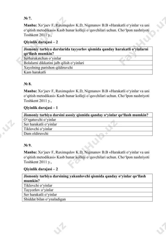 uloqtiruvchi o‘yinlar № 12. manba: xo‘jaev f, raximqulov k.d, nigmanov b.b «harakatli o‘yinlar va uni o‘qitish metodikasi» kasb hunar kolleji o’quvchilari uchun. cho‘lpon nashriyoti toshkent 2011 y., qiyinlik darajasi – 1 i-ii sinf o‘quvchilariga qanday harakatli o‘yinlar o‘tkazish ma’qul? komandalarga bo‘linmaydigon, syujetliy o‘yinlar komandali estafeta harakatli o‘yinlar komandalarga bo‘linadigan o‘yinlar yakka xolda o‘ynaladigan o‘yinlar № 13. manba: xo‘jaev f, raximqulov k.d, nigmanov b.b «harakatli o‘yinlar va uni o‘qitish metodikasi» kasb hunar kolleji o’quvchilari uchun. cho‘lpon nashriyoti toshkent 2011 y., qiyinlik darajasi – 2 3-4 sinf o‘quvchilariga qanday o‘yinlar o‘tkazish ma’qul? sport o‘yinlari, elementlari bor harakatli o‘yinlar oddiy, murakkablashtirilgan o‘yinlar chaqqonlikni rivojlantiruvchi o‘yinlar estafetali o‘yinlar № 14. manba: xo‘jaev f, raximqulov k.d, nigmanov b.b «harakatli o‘yinlar va uni o‘qitish metodikasi» kasb hunar kolleji o’quvchilari uchun. cho‘lpon nashriyoti toshkent 2011 y., qiyinlik darajasi – 1 5-7 sinf o‘quvchilariga qanday harakatli o‘yinlar o‘tkazish ma’qul? sport o‘yinlariga tayyorlaydigan harakatli o‘yinlar tashkiliy va mazmun jixatdan …