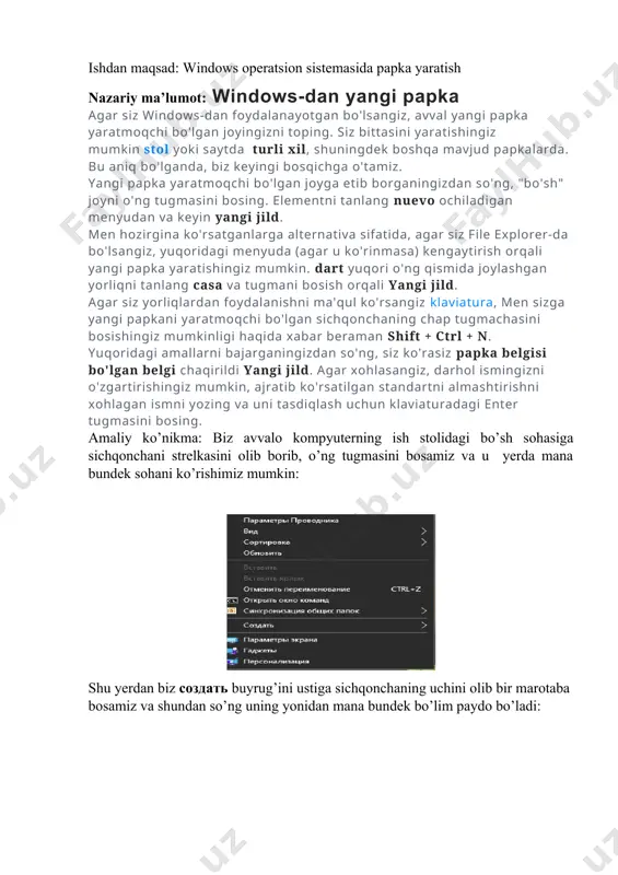 va shundan so’ng bizning ekranimizda manabundek papka ochiladi: bu yerda biz klaviaturaning backspace klavishi bosish orqali vaqtinchalik nomni (ko’k soha ichidagi) o’chirib o’zimiz xohlagan nomni kiritishimiz mumkin misol uchun mana bundek: shundan so’ng agar biz sichqonchaning uchi bilan 2 marotaba bosasiz va shu papkaning ichiga kirasiz. u yerda esa siz biror bir ma’lumotni saqlab qo’yishingiz mumkin. labaratoriya topshiriqlari: 1. windows 10 ot va uning imkoniyatlari 2. windows 10 ot da papka ochish usuli 3. windows 10 ot operatsion sistemasida papkadan foydalanish hisobot shakli: 1. labaratoriya ishining nomi. 2. labaratoriya ishidagi topshiriq raqami 3. topshiriqni bajarilishi(nazariy ma’lumot, amaliy qo’llanilish sohalari) 4. topshiriq taqdimotini tayyorlash nazorat savollari: 1. operatsion tizimning ish stoli haqida ma’lumot bering 2. operatsion tizimning papkalari haqida ma’lumot bering 3. papkadan foydalanish yo’llarini sanab o’ting foydalanilgan adabiyotlar: hech qanday adabiyotlardan foydalanilmadi. image1.png image2.png image3.png image4.png