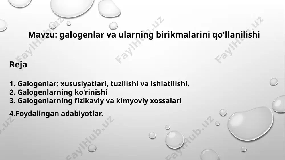 gaz; suyuq br; men qattiqman va qattiqman. rang f, och sariq-jigarrang; cl, och yashil rang; br, qizil-jigarrang; men, binafsha va at, metall qora * * (taxmin qilingan) erish nuqtalari f -219,6 ° s; cl -101,5 ° c; br -7,3 ° c; men 113,7º c va 302º c da. qaynatish nuqtalari f -11,12 ° s; cl -34,04 ° c; br 58,8 ° c; men 184,3º c va? 337º c da. zichlik 25º c da f- 0,0017 g / sm3; cl - 0,0032 g / sm3; br - 3.102 g / sm3; i - 4,93 g / sm3 va at - 6,2-6,5 g / sm3 suvda eruvchanligi cl - 0,091 mmol / sm3; br - 0,21 mmol / sm3 va i- 0,0013 mmol / sm3. ionizatsiya energiyasi f- 1,681 kj / mol; cl - 1,251 kj / mol; br - 1,140 kj / mol; i- 1,008 kj / mol va at- 890 …
