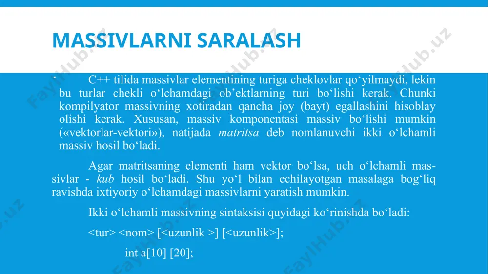 va dasturi tuzilsin. matritsani vektorga ko’paytirish algoritmi va dasturi tuzilsin. nxn o`lchamlik ikkita matritsa berilgan. matritsalarni bir – biriga ketma – ket ulab nx2n o`lchamlik matritsa xosil qilinsin. etiboringiz uchun rahmat image2.png image3.png image4.emf image5.png image6.png image7.png image8.png image9.png image10.png b n, m j=0, m-1 a ij j=0 ,m-1 a ij b i=0, n-1 i=0, n-1 /docprops/thumbnail.jpeg