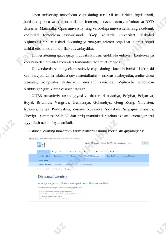 odimlari tomonidan taqdim etilmoqda. universitetda shuningdek masofaviy o‘qitishning “kuzatib borish” ko‘rinishi xam mavjud. unda talaba o‘quv materiallarini – maxsus adaboyotlar, audio-video tasmalar, kompyuter dasturlarini mustaqil ravishda, o‘qituvchi tomonidan biriktirilgan guruxlarda o‘zlashtiradilar. oubs masofaviy texnologiyasi va dasturlari avstriya, belgiya, bolgariya, buyuk britaniya, vengriya, germaniya, gollandiya, gong kong, xindiston, ispaniya, italiya, portugaliya, rossiya, ruminiya, slovakiya, singapur, fransiya, chexiya xammasi bolib 37 dan ortiq mamlakatlar uchun ixtisosli menedjerlarni tayyorlash uchun foydalaniladi. distance learning masofaviy talim platformasining ko‘rinishi quyidagicha: pedagogik texnologiyalarini qo‘llash «qanday? » ierarxik diagrammasi «qanday?» ierarxik diagrammasi asosida faoliyatni tashkil etish qiodalari: 1.vijudga kelgan muammoni sababini aniqlash zarur, ammo anashu muammoni qanday yo‘llar bilan hal etish mumkin? degan savolga javob berishni o‘rganish muhim vazifalardan biridir. «qanday?» ierarxik diagrammasi ana shunday hollarda samarali natija beradi. «qanday?» ierarxik diagrammasi muammo haqida butunligicha umumiy tasavvurga ega bo‘lishiga imkon beradigan savollarning mantiqiy zanjiri ko‘rinishida namoyon bo‘ladi. ketma-ket ravishda «qanday?» savolini qo‘yish orqali siz faqat muammoni hal …