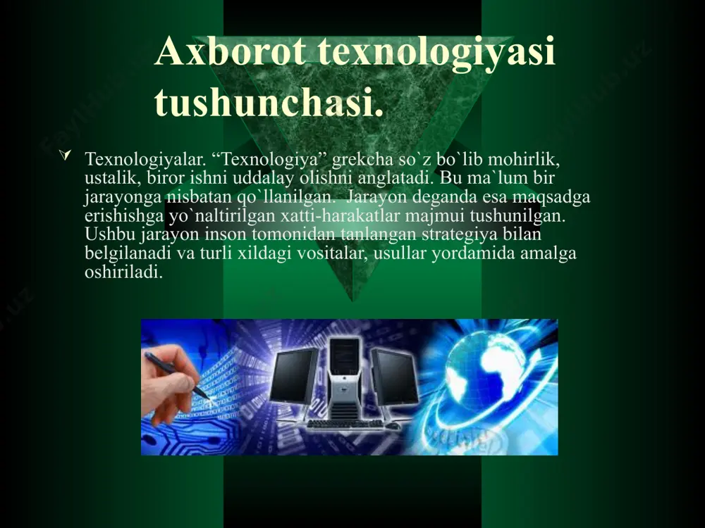 adi. ma’lumotlar bazasi menyusi va bu ma’lumotlarni ishlov berish algoritmlari orkali foydalanuvchi (boshka kompyuterga) birovning axborotini shakllantirish, uzining telepristavkasi xotirasiga kuchirish buyrugini beradi. foydalanuvchilar telematn menyusiga boglab kuyilgan emas. videokonferens aloka va videokonferensiyalar. insoniyat jamiyati ba’zi bir murakkab masalalarni yechish, odamlarni ma’lum bir jamoaga tuplanishini talab etadi. bu maksadda mukammalrok tizimlar inson mulokotining urnini bosa olmaydi, lekin ular ishtirokining samarasini tashkil kilishga va ijodiy faoliyatni avtomatlashtirishga imkon yaratadi. videokonferensiyalar masofadagi vizual gurux mulokotini tashkil etishda, majlis, ta’lim utkazishlarning eng yangi axborot texnologiyasidir. bu texnologiya muassasa devorlari va masofalar bilan bir - biridan bulingan kuplab shaxslarni bir vaktning uzida mulokotiga imkon beradi. zamonaviy axborot texnologiyalarining texnik va dasturiy vositalari. kundalik hayotimizda turli ko’rinishdagi axborotlar masalan, matnli, grafikli, jadvalli, ovozli(audio), rasmli, tasvirli(video) va boshqa axborotlar bilan ishlashga to’g’ri keladi. axborot texnologiyasi biror obyekt, jarayon yoki hodisaning holati haqidagi axborotlarni to’plash, qayta ishlash va uzatishni amalga oshiruvchi jarayondir. zamonaviy axborot texnologiyalari–shaxsiy kompyuterlar va …