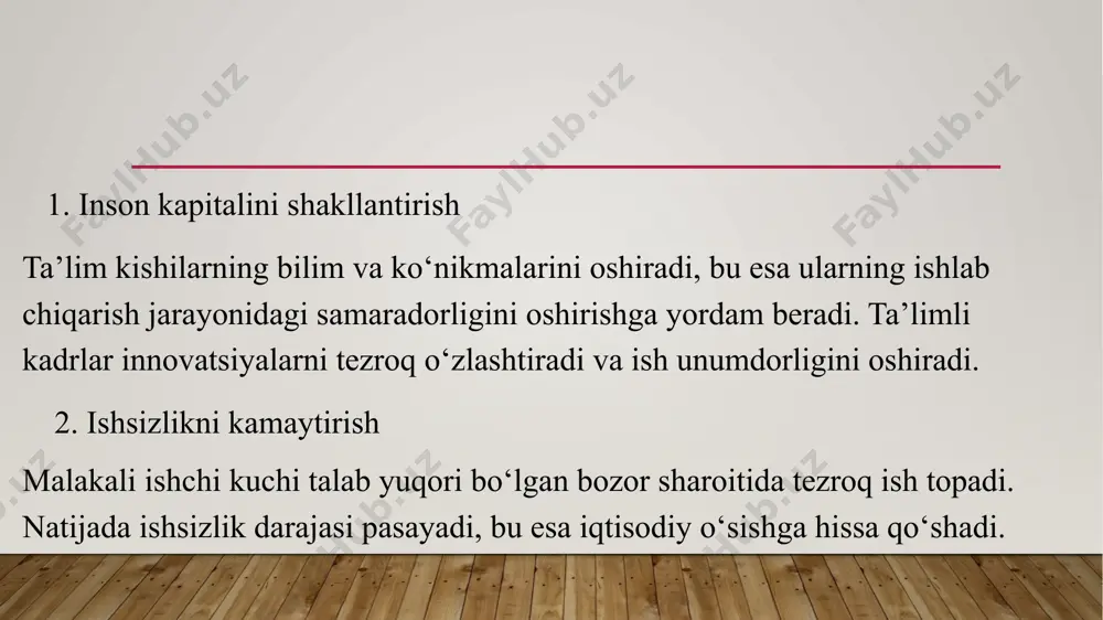 otlari shuni ko‘rsatadiki, ta’lim iqtisodiy o‘sishning asosiy omillaridan biridir. sifatli ta’lim tizimi inson kapitalini rivojlantiradi, bu esa texnologik taraqqiyot va innovatsiyalarni tezlashtiradi. shu sababli, hukumatlar va xalqaro tashkilotlar ta’limga sarmoya kiritish orqali uzoq muddatli iqtisodiy o‘sishga erishishga harakat qilishlari kerak. ta’lim iqtisodiy o‘sishning muhim omillaridan biridir. hukumatlar va tadbirkorlar ta’limga sarmoya kiritish orqali uzoq muddatli iqtisodiy rivojlanishga erishishlari mumkin. shu sababli, sifatli ta’lim siyosati har bir mamlakat uchun ustuvor yo‘nalishlardan biri bo‘lishi lozim. image1.jpg /docprops/thumbnail.jpeg