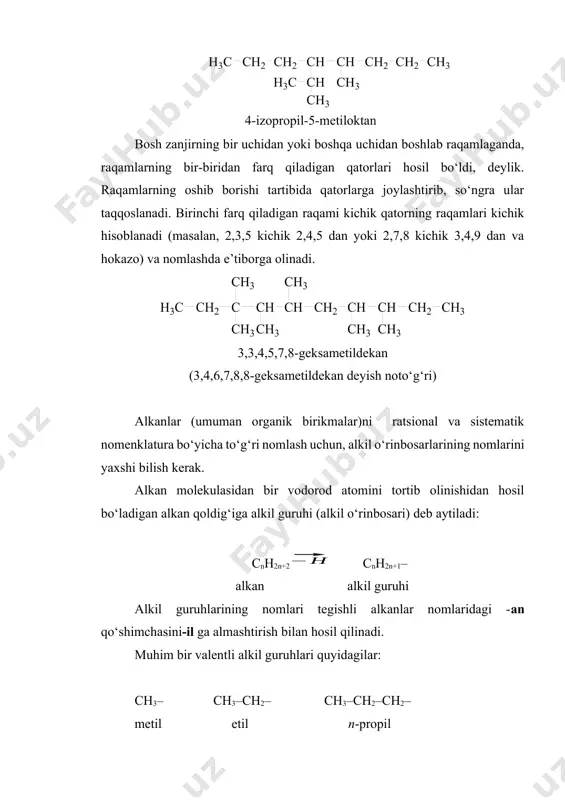 uran va neptun) atmosferalarida juda ko‘p miqdorda uchraydi. og‘ir planetalarda metanning miqdori shunchalik kattaki, hatto uzoq kelajakda uni yerga transportirovka qilish (tashib kelish) bo‘yicha fantastik loyihalar taklif qilingan. yerda ham «metanogen» bakteriyalarning o‘simlik va hayvonlar organizmlari qoldiqlarini havo (kislorod) kirmaydigan sharoitda parchalashi natijasida juda ko‘p miqdorda (har yili 2 mlrd t) metan hosil bo‘ladi. masalan, botqoqlik gazining 99 foizi metandan iborat. bu mikrobiologik usul yordamida biosferani ifloslantiruvchi turli chiqindilarni qimmatli yonilg‘iga aylantirish mumkin. a. sanoat usullari 1. neftni qayta ishlash mahsulotlaridan alkanlar aralashmasi, benzinni fraksiyalab haydash usuli bilan esa individual alkanlarni olish mumkin. 2.ko‘mirni katalitik gidrogenlash toshko‘mir yoki qo‘ng‘ir ko‘mirni 460-470c harorat va 250 atm bosimda temir katalizatori ishtirokida gidrogenlaganda suyuq alkanlar aralashmasi hosil bo‘ladi: nc +( n+1)h2 cnh2n+2 shu reaksiya asosida sintetik benzin olinar edi. lekin hozirgi vaqtda sanoatda benzin bu usul bilan ishlab chiqarilmaydi. 3. co2 va coni katalitik gidrogenlash co va co2 250-400c da ni yoki co …