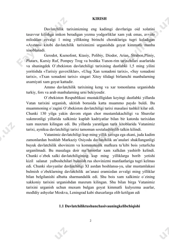 yniksa davlatchiligi tarixi tamoman soxtalashtirilib talkin kilindi. vatanimiz davlatchiligi kup ming yillik tarixga ega ekani, juda kadim zamonlardan boshlab markaziy osiyoda davlatchilik an’analari shakllanganligi buyuk davlatchilik shovinizm va kommunistik mafkura ta’kibi bois yetarlicha urganilmadi. bu masalaga doir ma’lumotlar xam xalkdan yashirib kelindi. chunki o`zbek xalki davlatchiligining kup ming yilliklarga borib yetishi kizil salanat yulboshchilari bulmish rus shovinizmi manfaatlariga tugri kelmas edi. chunki slavyanlar davlatchiligi xi asrdan boshlansa-yu, ular mustamlakasi bulmish o`zbeklarning davlatchilik an’anasi eramizdan avvalgi ming yilliklar bilan belgilanishi albatta sharmandalik edi. shu bois xam xalkimiz o`zining xakkoniy tarixini urganishdan maxrum kilingan. shu bilan birga vatanimiz tarixini urganish uchun muxum bulgan goyat kimmatli kulyozma asarlar, modldiy ashyolar moskva, leningrad kabi shaxarlarga olib ketilgan edi 2 1.1 davlatchiliktushunchasivauningkelibchiqishi davlatchilik tushunchasi,qarindosh-urug‘chilik jamoasi, hududiy qo‘shnichilik jamoasi, ijtimoiy mansablar, davlat boshqaruvi, boshqaruv tasnifi, rahbarlik, boshqaruv vazifalari, ijtimoiy boshqaruv, davlatning vazifalari 1991 yil 31 avgustda o`zbekistonning davlat mustakilligi kayta tiklanganligi e’lon kilindi. xuddi shu kuni …