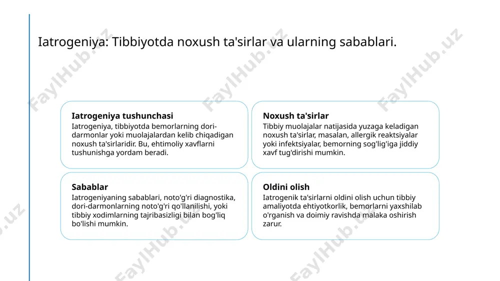 lan yondoshish zarur. shifokorlar bemorlarni yaxshilab baholashlari kerak. ta'lim va ma'lumot shifokorlar va sog'liqni saqlash xodimlari uchun muntazam ta'lim va malaka oshirish, iatrogenik ta'sirlarni kamaytirish uchun muhim ahamiyatga ega. bemor bilan muloqot bemorlar bilan samarali muloqot qilish, ularning shikoyatlari va tarixini to'g'ri tushunish, iatrogenik ta'sirlarni oldini olishda muhim rol o'ynaydi. bemor xavfsizligini ta'minlash: tibbiy amaliyotdagi muhim jihatlar. 1 tibbiy amaliyotni rejalashtirish tibbiy amaliyotlar rejalashtirilganda, bemorlar xavfsizligini ta'minlash uchun har bir jarayonni puxta o‘ylab, xavflarni baholash muhimdir. 2 xavf va foyda analizi har bir tibbiy muolaja uchun xavf va foyda analizi o'tkazilishi shart. bu, bemorlar uchun eng samarali va xavfsiz yechimlarni tanlash imkonini beradi. 3 bemorlarni jalb etish bemorlarni muolajalarga jalb etish, ularning xabardorligini oshiradi. bemorlar o'z sog'lig'iga ta'sir etuvchi qarorlarda faol ishtirok etishlari muhimdir. tibbiy etikada bemor huquqlari va mas'uliyatlar. 1 bemor huquqlari bemorlar tibbiy yordamda o'z huquqlarini bilishlari zarur. ular, o'z sog'lig'i haqida to'liq ma'lumot olish huquqiga ega. 2 …
