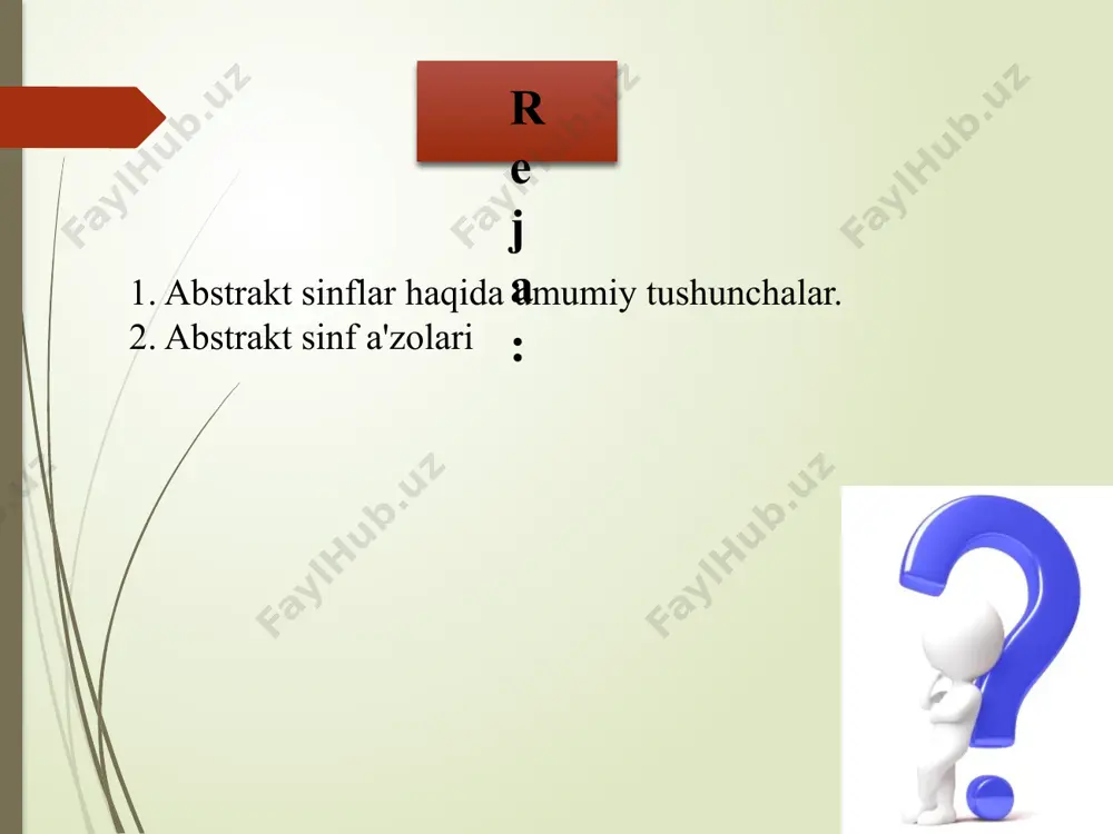 asosiy mavhum sinfdagi barcha mavhum usullar va xususiyatlarni bekor qilishi va amalga oshirishi kerak. hosil qilingan sinfda bekor qilinganida, bunday usul yoki xususiyat bekor qilish modifikatori bilan ham e'lon qilinadi (odatiy bekor qilish virtual usullari va xususiyatlari kabi). shuni ham ta'kidlash kerakki, agar sinfda kamida bitta mavhum usul (yoki mavhum xususiyat, indeksator, voqea) bo'lsa, unda bu sinf mavhum deb ta'riflanishi kerak. abstrakt a'zolar, xuddi virtual kabi, polimorf interfeysning bir qismidir. ammo, agar virtual usullar bo'lsa, biz merosxo'r sinf amalga oshirishni meros qilib olamiz, mavhum usullar bo'lsa, ushbu mavhum usullar bilan ifodalangan interfeys meros qilib olinadi. 6 abstract class person { public string name { get; set; } public person(string name) { name = name; } public abstract void display(); } class client : person { public int sum { get; set; } // сумма на счету public client(string name, int sum) : base(name) { sum = sum; } public override …