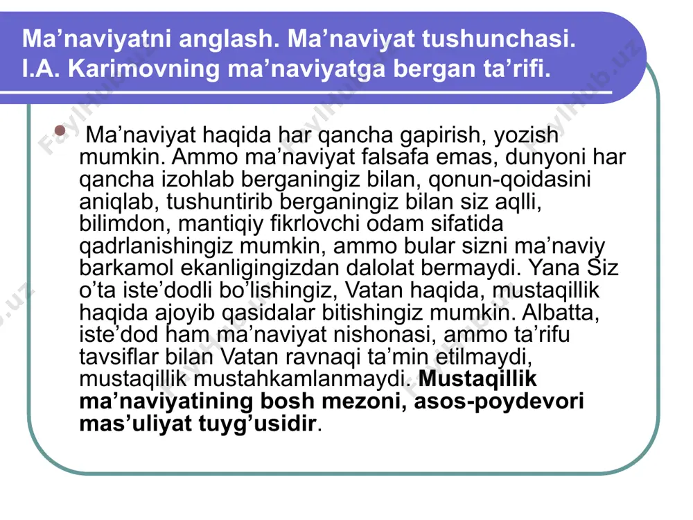 ashuv davrida ma’naviy olamimizni turli salbiy ta’sir va tahdidlardan asrash va himoya qilish bilan bog’liq muammolar xususida batafsil to’xtalib o’tdik. ma’naviyatni shakllantiradigan asosiy mezonlar milliy meros. milliy g’oyamizning insonparvarlik qudratini oshirish uchun barcha davrlardagi milliy merosimizni to’la o’zlashtirishimiz kerak ekanligi. milliy g’oyani milliy meros bilan boyitish taraqqiyotimizning ma’naviy asoslaridan biri ekanligi. milliy g’oya va ma’naviy hayot. milliy g’oya deganda, ajdodlardan avlodlarga o’tib, asrlar davomida e’zozlab kelinayotgan, shu yurtda yashayotgan har bir inson va butun xalqning qalbida chuqur ildiz otib, uning ma’naviy ehtiyoji va hayot talabiga aylanib ketgan, ta’bir joiz bo’lsa, har qaysi millatning eng ezgu orzu-intilish va umid-maqsadlarini o’zimizga tasavvur qiladigan bo’lsak, o’ylaymanki, bunday keng ma’noli tushunchaning mazmun-mohiyatini ifoda qil-gan bo’lamiz. yuksak ma’naviyat qo‘rg‘oni ma`naviyat mezoni inson o‘zini baxtli his qilishi uchun ko‘p narsa kerak emas, aslida. biroq odamzot dunyoga kelibdiki, saodat izlab yashaydi. shu yo‘lda o‘z hayotini, otameros qadriyatlaru tutumlarni taftish etadi, gohida tuzadi, gohida buzadi. erk va dogma …
