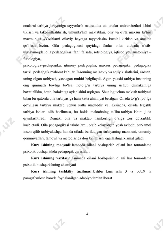 qarashlar. kurs ishining vazifasi: jamoada oilani boshqarish oilani har tomonlama psixolik boshqarishning ahamiyati kurs ishining tashkiliy tuzilmasi:ushbu kurs ishi 3 ta bob,9 ta paragrf,xulosa hamda foydalanilgan adabiyotlardan iborat. jamoa haqida tushunchasi va uning mohiyati. 1.1. jamoa haqida tushuncha, uning xususiyatlari va vazifalari. jamoa (lotincha «kollektivus» so‘zining tarjimasi bo‘lib, yig‘ilma, omma, birgalikdagi majlis, birlashma, guruh) bir necha a’zo (kishi)lardan iborat bo‘lib, ijtimoiy ahamiyatga ega umumiy maqsad asosida tashkil topgan guruh demakdir. turkiyzabon xalqlarda, jumladan o‘zbeklarda jamoa azaldan ijtimoiy birlikni anglatib kelgan. odamlarning jamoa bo‘lib yashashi zaruriyatini suqrot, platon, aristotel, markaziy osiyo mutafakkirlari forobiy, beruniy, ibn sino, ulug‘bek, alisher navoiy va boshqalar ilmiy asoslab berganlar. ayniqsa, buyuk faylasuf olim abu nasr forobiy o‘zining asarlarida jamoa bo‘lib yashashga tabiiy moyillik inson turmush tarzining mazmunini tashkil etishini uqtiradi. forobiy bu haqda quyidagi fikr-mulohazalarni bayon etgan: «har bir inson o‘z tabiati bilan shunday tuzilganki, u yashash va oliy darajadagi etuklikka erishmoq uchun ko‘p narsalarga muhtoj …