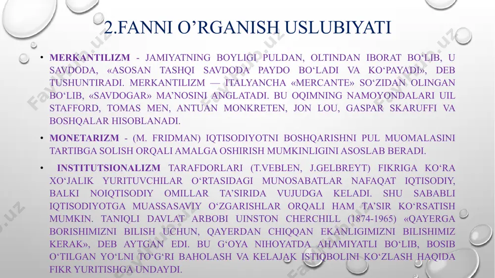 dehqonlar, hunarmandlar va boshqaruvchilar. qadimgi xitoydagi «shan tszyun` - shu» nomli asarida (miloddan avvalgi iv asr) davlatning uch vazifasi ya`ni dehqonchilik, savdo va boshqaruv vazifalarini alohida e`tirof etgan. unga ko`ra dehqonlar erga ishlov berishadi, savdogarlar mol olib kelishadi, mansabdorlar esa xalqni boshqarishadi. dehqonlar. qadimgi sharqda dehqonlar asosiy soliq to`lovchi va iste`mol buyumlarini ishlab chiqaruvchilar sifatidagina qabul qilingan bo`lsada, davlatchilikning asosi sanalishmagan. «shan` tszyun`-shu» asari muallifi shan` yan`ning yozishicha, davlat dehqonchilik va urush vositasida ravnaq topadi, hamda barcha fuqarolar dehqonchilik bilan shug`ullanishsa, davlat fuqarolarni boshqarishi osonlashadi. shuni ham ta`kidlab o`tishimiz kerakki, ko`pchilik qadimgi sharq mutafakkirlari tomonidan, insoniyat jamiyatida savdoning o`ta muhimligi tan olinsada, savdogarlarga nisbatan munosabati, doimo ham ijobiy bo`lmagan. misol uchun «artxashastrada» savdogarlar “o`g`ri” nomini tan olmagan “o`g`rilar” deb atalgan, va bunga sabab, ular davlatga soliqni to`laligicha to`lamasligi bo`lgan. 4. antik dunyo iqtisodiy ta‟limotlari qadimgi yunoniston va qadimgi rim antik jamiyati, xususiy mulk xukmronligiga asoslangan barqaror natural xo`jalik faoliyatiga ega …