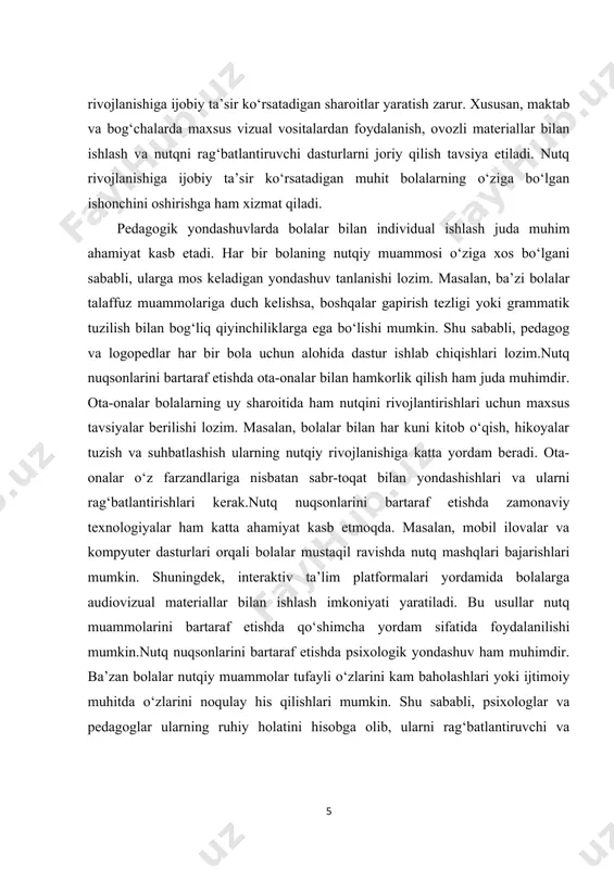 nilishiga bog‘liq. har bir bola o‘ziga xos bo‘lgani uchun, unga mos keladigan metod tanlash muhimdir. shu bilan birga, pedagogik jarayonda uzluksiz va tizimli yondashuvlar amalga oshirilishi zarur. bu esa bolalarning nutqini rivojlantirish va ularni to‘laqonli ijtimoiy hayotga tayyorlashga xizmat qiladi.nutq nuqsonlarini bartaraf etishda pedagogik yondashuvlar keng qamrovli bo‘lishi kerak. logopedik mashg‘ulotlar, o‘yin metodlari, vizual vositalar, texnologik vositalar va psixologik yondashuvlar birgalikda qo‘llanilganda eng yaxshi natijalarga erishish mumkin. pedagoglar, ota-onalar va mutaxassislarning o‘zaro hamkorligi orqali bolalarning nutqiy muammolarini bartaraf etish va ularni jamiyatning faol a’zolariga aylantirish mumkin bo‘ladi. 1.2.oila va ota-onalarning nutq rivojlanishidagi roli. oila va ota-onalarning nutq rivojlanishidagi roli bolalarning dastlabki ta'lim va tarbiyasida muhim ahamiyatga ega. nutq rivojlanishi, asosan, bolalar bilan oila a'zolari orasidagi muloqotdan boshlanadi. ota-onalar bolalarga nutq ko‘nikmalarini o‘rgatishda birinchi va eng muhim ta'sir qiluvchi shaxslar hisoblanadi. oila ichidagi muloqot, bolalarning o‘z fikrlarini erkin ifodalashlariga, yangi so‘zlarni o‘rganishlariga va nutq ko‘nikmalarini rivojlantirishlariga yordam beradi. oila muhitidagi ijobiy …
