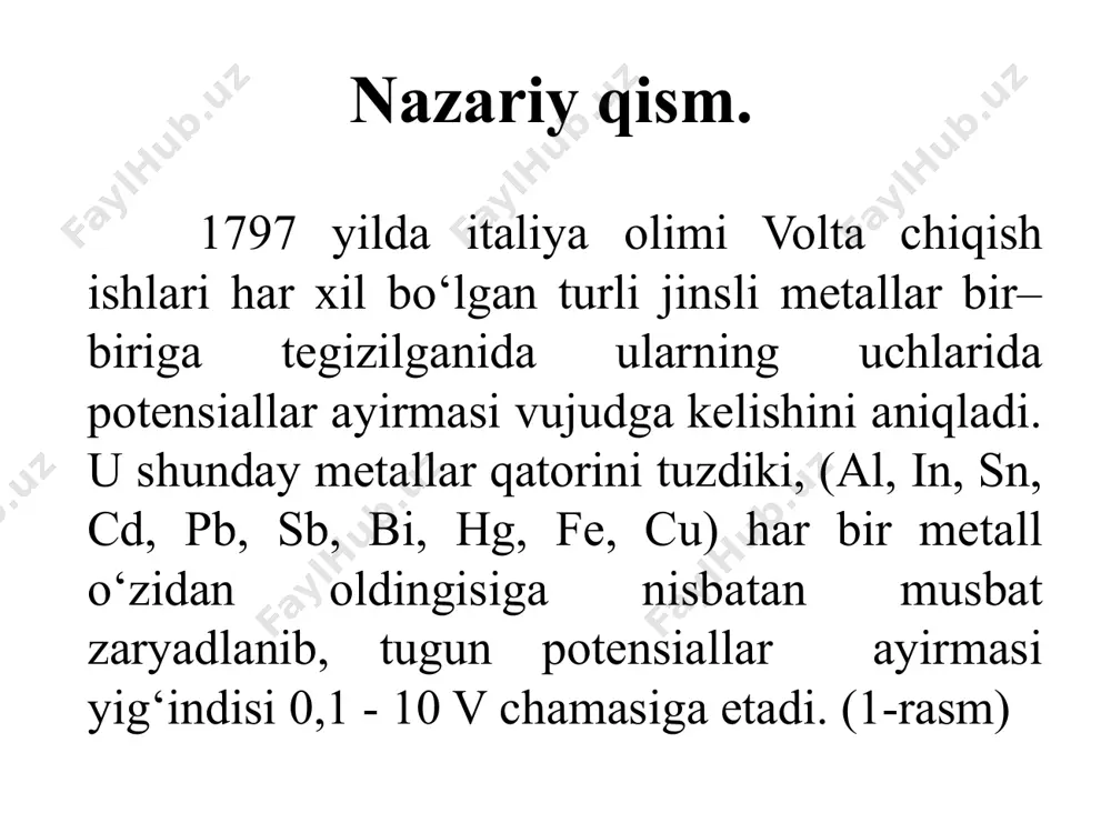 . nazorat savollari : chiqish ishi deb nimaga aytiladi ? ikki metallning kontakt potentsiallar ayirmasi nimalarga bog‘liq ? termoparani doimysining fizik ma’nosini ayting pel’t’e va zeebek hodisalarini tushuntiring. termopara qanday maqsadlarda ishlatiladi? e’tiboringiz uchun raxmat !!! image1.png image2.png image3.png image4.png image5.png image6.png image7.png /docprops/thumbnail.jpeg
