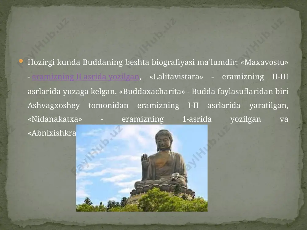 ar bir jamoa uni dafn etgan joyida ibodatxona barpo etdi. buddaning hayoti haqida turli afsonalar ham to’qilgan. bu afsonalarda aytilishicha, budda ko’p yillar davomida er yuzidagi turli mavjudotlar qiyofasida qayta tug’ilgan: 84 marta ruhoniy, 58 marta podshoh, 24 marta rohib, 13 marta savdogar, 18 marta maymun, 12 marta tovuq, 8 marta g’oz, 6 marta fil shuningdek baliq, qurbaqa, kalamush, quyon kabi qiyofalarda qayta tug’ilgan. jami 550 marta qayta tug’ilgan. u doimo qayerda, qay qiyofada tug’ilishini o’ziga o’zi belgilagan. so’nggi marta uni xudolar insoniyatni to’g’ri yo’lga boshlashi uchun inson qiyofasida yaratganlar. bu afsonalarning ba’zilariga ko’ra er yuzida gautamaga qadar 6 ta budda o’tgan. shuning uchun buddaviylikning ba’zi muqaddas joylarida 7 ta ibodatxona barpo etilgan. 7 ta botxa daraxti o’tkazilgan. ba’zi afsonalar 24 ta budda avlodi o’tgan desa, ba’zilari minglab buddalar o’tgan deb da’vo qiladi. buddaviylik ta’limoti. buddaviylik qadimiy hind diniy - falsafiy ta’limotlari asosida vujudga kelgan, amaliyot va nazariyotdan iborat diniy …