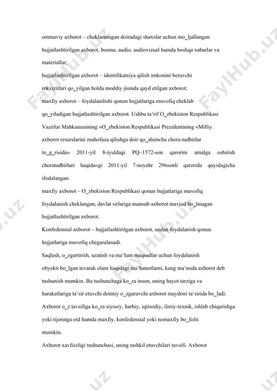 tlari to‗g‗risida»gi qonunida axborot xavfsizligi axborot borasidagi xavfsizlik deb belgilangan va u axborot sohasida shaxs, jamiyat va davlat manfaatlarining himoyalanganlik holatini anglatadi. axborot sohasida shaxs manfaatlari fuqarolarning axborotdan foydalanishga doir konstitutsiyaviy huquqlarini amalga oshishida, qonunda taqiqlanmagan faoliyat bilan shug‗ullanishida hamda jismoniy, ma‘naviy va intellektual rivojlanishda axborotlardan foydalanishlarida, shaxsiy xavfsizlikni ta‘minlovchi axborot himoyasida namoyon bo‗ladi. axborot sohasida jamiyat manfaatlari bu sohada shaxs manfaatlarini ta‘minlashda, demokratiyani mustahkamlashda, ijtimoiy huquqiy davlatni qurishda, ijtimoiy hamjihatlikni qo‗llab-quvvatlashda o‗z aksini topadi. axborot sohasida davlat manfaatlari milliy axborot infrastrukturasining rivojlanishiga sharoitlar yaratishda, axborot olish sohasida shaxs va fuqarolarning konstitutsiyaviy huquq va erkinliklarini amalga oshishida, o‗zbekistonning hududiy birligini, suverenitetini va konstitutsiyaviy tuzumining mustahkamligini, siyosiy, iqtisodiy va ijtimoiy barqarorligini ta‘minlash maqsadida axborotdan foydalanishda, qonuniylik va huquq tartibotni qat‘iy amalga oshishida, o‗zaro tenglik va o‗zaro manfaatdorlikdagi xalqaro hamkorlikni rivojlantirishda ifodalanadi. axborot xavfsizligi – ko‗p qirrali faoliyat sohasi bo‗lib, unga faqat tizimli, kompleks yondashuv muvaffaqiyat keltirishi mumkin. ushbu muammoni hal etishda …
