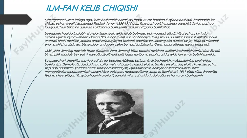 maktabi amalga oshirildi ishchi standartlar paydo bo'lishiga olib keldi, ishlab chiqarish, uchun standartlar va uskunalar qo'llaniladi. f. gilbreth samaradorlikni ta'sir ko'rsatadigan omillar o'rganib. u uch guruhga ularni sindirib: o'zgaruvchilar sog'liqni saqlash, turmush tarzi, madaniyati va ta'lim bichim darajasiga bog'liq. sharoitlar, atrof-muhit, materiallar, asbob-uskunalar va vositalari ish bilan bog'liq o'zgaruvchilar. tezlik, hosildorlik, dianova, va boshqalar: o'zgaruvchilar bir tezlik bilan bog'liq. natijada, gilbert tadqiqotlar harakatlar eng muhim omillar, degan xulosaga. asosiy ilmiy boshqarish maktabi qoidalari maksom veberom nihoyasiga yetkazildi. olim oqilona, ta'lim, porsiyonlama, mehnat taqsimoti, ma'muriy kengashi ixtisoslashuvi, vazifalari tartibga solish va umumiy bir maqsadga qarashli yotadi korxona oqilona foydalanishga, olti tamoyillarini belgilab oldi. management science f. teylor va uning ishi maktab bosqichga ishlashini bulish ishlab chiqarish barcha jarayonlar standartlaştırmak, teylor tamoyillari to'ldiruvchi, soliq genri forda davom etdi. ford mexanizatsiyalashgan va ishlab chiqarish qiymati 9 barobar kamaydi qaerga konveyer tamoyili, uni tartibga solish, ishlab chiqarish sinxron. boshqarish birinchi ilmiy maktab boshqaruvi, ilm-fan …