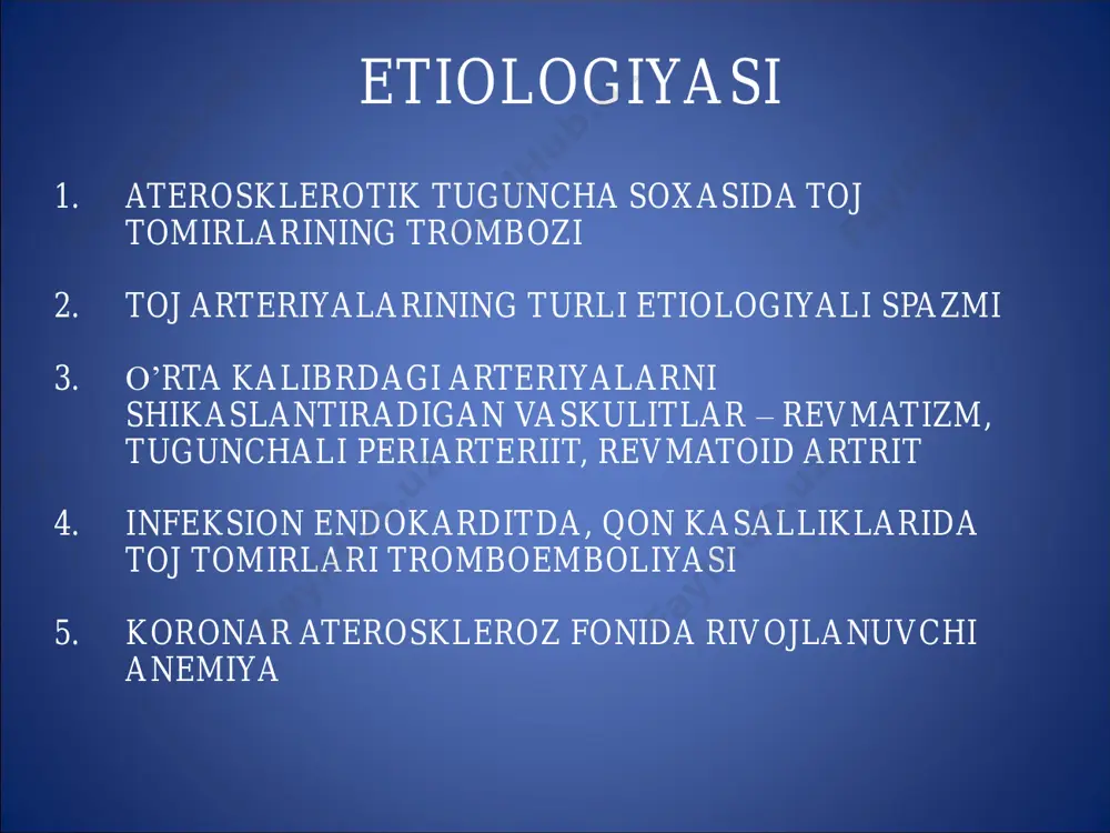 dan o’pka arteriyasi tromboemboliyasi) 7. perikardit 8. ritm buzilishi 9. dressler sindromi 10. yurak to’xtashi davosi • o’tkir og’riq xurujini yo’qotish; • kardiogen shokni davolash; • yurak maromi buzilishining oldini olish; • qon ivishi sistemasini boshqarish; • yurak mushaklari metabolizmini yaxshilash; • parhez va dori-darmon orqali qonda xolesterin, triglitserid lipoproteidlari miqdorini pasaytirish. og’riqsizlantiruvchilar • narkotik va nonarkotik analgetiklar • neyroleptanalgeziya toj arteriyalarda qon oqimini tiklash • trombolitiklar • antikoagulyantlar miokardda nekroz hajmini chegaralash • nitroglitserin • b-blokatorlar yurak maromi buzilishining oldini olish kardiogen shokni davolash