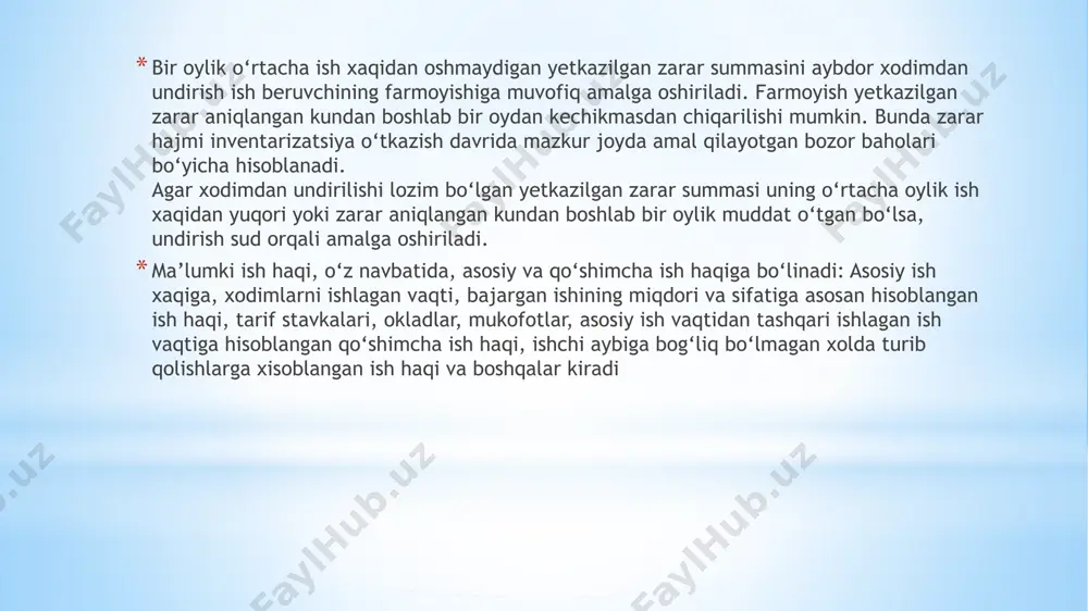 l kunlariga ko‘paytirish yo‘li bilan mehnat ta’tili uchun ish haqi topiladi. nizomga ko‘ra quyidagi tartib belgilangan: vaqtincha mehnatga qobiliyatsizlik nafaqasi ish stajining davomiyligidan qat’i nazar ish haqining 100 foizi miqdorida quyidagilarga to‘lanadi: - ishlayotgan ikkinchi jahon urushi qatnashchilariga; - baynalminal jangchilarga va ularga tenglashtirilgan boshqa shaxslarga; - qaramog‘ida 16 yoshga (o‘quvchilar 18 yoshga) yetmagan uch yoki undan ortiq bolalari bo‘lgan xodimlarga; - chernobil aesdagi avariya oqibatlarini tugatishda qatnashgan xodimlarga; - chernobil aesdagi avariya natijasida radioaktiv ifloslanish zonasidan evakuatsiya qilingan va ko‘chirilgan, qon hosil qiluvchi organlar kasalliklari (o‘tkir leykoz), qalqonsimon bez (adenoma, rak) va xavfli o‘smalar bilan bog‘liq kasalliklarga chalingan xodimlarga; - mehnatda mayiblanish va kasb kasalligi natijasida vaqtincha mehnatga qobiliyatsiz bo‘lgan xodimlarga. ijtimoiy ahamiyatga ega bo‘lgan kasalliklar (sil kasalligi, onkologiya kasalliklari, yangidan paydo bo‘ladigan xatarli o‘simtalar, jinsiy yo‘l bilan o‘tadigan kasalliklar, spid, moxov (lepra) kasalligi, ruhiy kasalliklar) bo‘yicha hisobda turgan xodimlarga ular tomonidan davlat ijtimoiy sug‘urta badali to‘lagan davrining (umumiy …