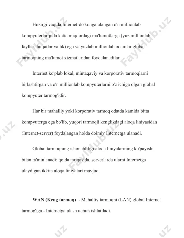 itta mijoz bitta aloqa kanalidan foydalanadi. umumjahon kanallar bir-biridan farq qiladi, chunki bitta aloqa kanalini bir vaqtning o'zida bir nechta mijozlarga bo'lish mumkin. tarmoq texnologiyalari bizning uylarimizga va xonadonlarimizga tobora ko'proq kirib bormoqda. endi simli internet ulangan deyarli har bir uyda wi-fi yo'riqnoma yoki oddiy kommutator o'rnatilgan bo'lib, u uy tarmog'ining markazi hisoblanadi. odamlar undan faol foydalanadilar, fayllarni kompyuterdan planshetga, telefondan televizorga va boshqalarga uzatadilar. va shu bilan birga, ba'zida bilmayman - lekin umuman mahalliy tarmoq nima va u qanday ishlaydi. mahalliy atamani asosiy deb hisoblash kerak kompyuter tarmog'i - bu kompyuterlar va boshqa hisoblash uskunalarini o'zaro bog'laydigan aloqa tizimi. amaldagi texnologiyaga qarab u simli, simsiz va aralash bo'lishi mumkin. wan va lan tushunchasi wan - keng tarmoq - global kompyuter tarmog'iko'plarni quchoqlash va birlashtirish kompyuter tizimlari butun dunyo bo'ylab. lan - mahalliy tarmoq - nisbatan kichik hududda cheklangan miqdordagi kompyuterlarni birlashtirgan mahalliy tarmoq. wan va lan o'rtasidagi farq wan …