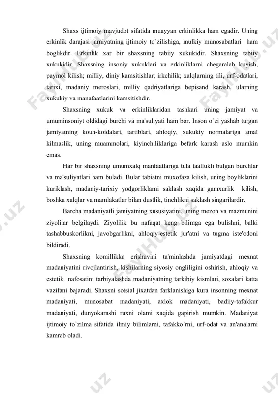 yosiy faoliyat sifatida, ya'ni insonlar faoliyatidagi tabiatni kayta yaratish va uzlarini tarbiyalash jarayonlarini kamrab olib, “siyosiy ishlab chikarishni” aks ettiradi. siyosiy madaniyatning mavjudlik usuli: jamiyatning siyosiy-madaniy boyligi; amaliy siyosiy madaniyatdan iboratdir. jamiyatning siyosiy-madaniy boyligi-davlat boshkaruvining tarixiy tajribasi, siyosiy faolit vositalari, usullari, siyosiy bilimlar majmuidir. amaliy siyosiy madaniyat esa-jamiyat, gurux, shaxs siyosiy hayotidagi mavjud madaniyatdir. iqtisodiy madaniyat-tushunchasida iqtisodiy bilimlar fikrlar uslubi bilan faol ishlab chikarish, iqtisodiy faoliyat urtasidagi uzaro alokadorlik omillari namoyon buladi. iqtisodiy madaniyat mazmunida madaniyat va iktisodning uzaro ta'sir xususiyatlari mavjud bulib, tarkibiga iqtisodiy ong, iqtisodiy faoliyat, iqtisodiy munosabatlar kiradi. ahloqiy madaniyat-jamiyat, sotsium, individlar tomonidan ahloqiy kamolot me'yorlariga erishish darajasidir. kundalik turmushda, kishilar faoliyatida amal kiladigan va uxlashtiradigan ahloqiy qadriyatlar ahloqiy kamolot me'yorlari bilan boglikdir. ahloqiy madaniyat tarkibiga ahloqiy ong, ahloqiy munosabat va ahloqiy faoliyat kiradi. ahloqiy ong tarixi uzgaruvchi ahloqiy munosabatlarni anglab, ahloqiylikning sub'ektiv jixatidir. vokelikka va inson faoliyatiga qadriyat tarafidan munosabatda bulish ahloqiy ongning muhim xususiyatidir. estetik …