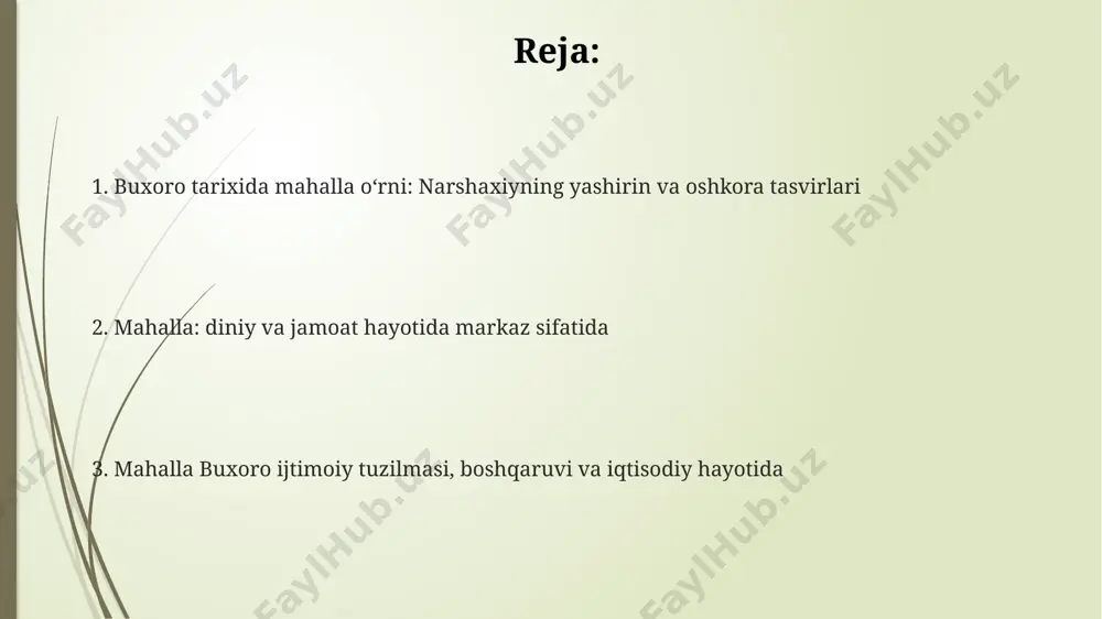 smlaridan biri boʻlib, narshaxiyning yozuvlarida uning ahamiyati turli voqealar orqali aks etadi. mahallaning iqtisodiy faoliyatidagi roli, hunarmandchilik, savdo va soliq yigʻish kabi jarayonlar orqali, narshaxiyning asarida taxminan 20 dan ortiq misolda tilga olinadi. mahallada 500 dan ortiq xonadon boʻlganligi va ularning jamoat ishlarida faol ishtirok etganligi, mahalla rahbarlarining muhim rolini koʻrsatuvchi koʻplab dalillar mavjud. mahalla buxoro iqtisodiy hayotida mahallalar buxoro shahrining iqtisodiy hayotining 10-15%ini tashkil etgan hunarmandchilik va savdo faoliyatining muhim markazlari bo‘lib xizmat qilgan, shu jumladan, 50 dan ortiq turdagi hunarmandchilik mahsulotlari ishlab chiqarish bilan shug‘ullangan. buxoro mahallalarida dehqonchilik va chorvachilik mahsulotlarini sotish orqali 20-30% aholining kunlik ehtiyojini qondirishga hissa qo‘shgan mahalliy bozorlar faoliyat yuritgan. mahalla vakillari, ayniqsa, uy-joy solig‘i va boshqa soliqlarning 15-25%ini to‘plashda davlat boshqaruviga yordam berib, iqtisodiy nazorat mexanizmlarida muhim rol o‘ynagan. mahalla diniy hayotida narsaxiyning yozuvlariga koʻra, mahalla ichidagi diniy bayramlar va marosimlar, masalan, ramazon yoki qurbon hayiti kabi, jamoat birligini mustahkamlashda muhim rol oʻynagan. …
