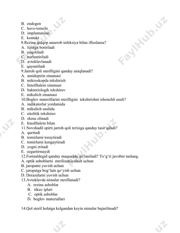 l steril holatga kelgandan keyin nimalar bajarilinadi? a. xalat kiyiladi b. narkoz beriladi c. ko�zoynak kiyiladi d. mahalliy og�riqsizlantiriladi 15.operatsiya maydoni qaysi modda bilan sterillanadi? a. 5% yodni spirtdagi eritmasi b. zabludovskiy usulida c. alfred usulida d. vodorod peroksid 6% eritmasi