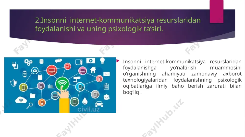 olamdagi axborotlarni to‘g‘ri tahlil qilish malakasini shakllantirish davr talabidir.kundalik hayotimizda har narsaning salbiy va ijobiy tomoni boʻlgani kabi zamonaviy texnika vositalaridan foydalanishda ham me’yorga amal qilmogʻimiz zarur. foydalanilgan adabiyotlar roʻyxati: 1. смольянинова, т. с. образ другого человека как основа формирования идентичности личности / т. с. смольянинова, т. а. петряева, ю. а. бусыгина // вестник православного свято-тихоновского гуманитарного университета. серия 4: педагогика. психология. - 2020. - № 56. - с. 30-40. 2. соколова, д. м. основные тенденции виртуализации социального в информационную эпоху / д. м. соколова // известия саратовского университета. новая серия. серия: философия. психология. педагогика. - 2013. - т. 13. - № 2. -с. 61-64. 3. otamuratov, r.u. (2022). oʻsmirlardagikasbiyoʻzliginianglashidagixavotirlani shningpsixologikxususiyatlari. fanlararo tadqiqotlar uchun markaziy osiyo tadqiqot jurnali (carjis) , (maxsus soni 1), 49-54. 4. otamuratov, r.u. va ochilova, m. (2022). emotsional intelekt tushunchasining psixologik oʻziga xosligi. fanlararo tadqiqotlar uchun markaziy osiyo tadqiqot jurnali (carjis) , (maxsus soni 1), 54-58. …