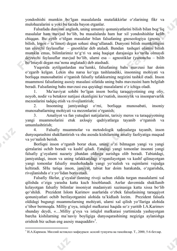 misol bo‘la oladi. bu asarlarning mualliflari o‘z davrdagi ilm-fan asosida insonning boshqa mavjudotlardan tub farqlari, mohiyati, hayotining ma’nosi va mazmuni, bu yorug‘ olamdagi o‘rni, o‘limi va abadiyligi kabi muammolarni yoritganlar. inson bilimlari orta borgan sari jamiyat, uning moddiy va ma’naviy hayoti, ijtimoiy munosabatlar, siyosiy, huquqiy, axloqiy muammolar xam mutafakkirlarning e’tiborlarini o‘ziga jalb qila boshlagan. natijada, mutafakkir faylasuflar bu sohada ham tadqiqotlar olib borib, jamiyat haqida ko‘plab asarlar yaratdilar. bularga, aflotunning «davlat», «qonunlar», arastuning «siyosat» asarini, forobiyning «fozil odamlar shahari», «as-siyasa al madaniya» (siyosat ilmi), mirzo ulug‘bekning «to‘rt ulus tarixi», t.gobbsning «grajdanin to‘g‘risida», lokkning «qonunlarning ruhi to‘g‘risida», gegelning «tarix falsafasi» va «huquq falsafasi» kabi asarlarini misol qilish mumkin. bu asarlarda, o‘z davri nuqtai nazaridan kelib chiqqan holda, bir butun jamiyat, uning moddiy va ma’naviy hayoti, jamiyatning ijtimoiy tuzilishi, uning bazisi va ustqurmasiga oid nazariy qarashlar o‘rtaga tashlandi. xuddi shu tarzda bir davrda falsafaning bahs mavzusi o‘zgarib borgan. falsafa fanining muammolari, o‘z …