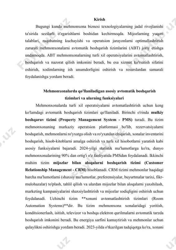 jada qisqartiradi. uchinchi afzallik xarajatlarning kamayishidir. abtlar energiya sarfini optimallashtirish, mehnat xarajatlarini kamaytirish va qog'ozbozlikni bartaraf etish orqali mehmonxona xarajatlarini sezilarli darajada kamaytirishi mumkin. 2023-yilda o'tkazilgan sanoat tahlili shuni ko'rsatdiki, to'liq avtomatik boshqaruv tizimlarini joriy etgan mehmonxonalar umumiy operatsion xarajatlarini o'rtacha 20% ga kamaytirgan. to'rtinchi afzallik mijozlar tajribasining yaxshilanishidir. shaxsiy yondashuv, tezkor xizmat ko'rsatish va qulaylikni oshirish orqali mehmonlar uchun unutilmas tajriba yaratiladi. masalan, mobil ilovalar orqali xizmatlarga buyurtma berish va to'lovlarni amalga oshirish mehmonlar uchun juda qulaydir. beshinchi afzallik xavfsizlikning oshishidir. zamonaviy kirishni boshqarish tizimlari va kuzatuv kameralari mehmonlar va mehmonxona mulkining xavfsizligini ta'minlaydi. oltinchi afzallik ma'lumotlarni yig'ish va tahlil qilish imkoniyatidir. pms va crm tizimlari orqali to'plangan ma'lumotlar mehmonxonaga biznes-qarorlar qabul qilish va marketing strategiyalarini ishlab chiqish uchun qimmatli axborot beradi. mehmonxonalarda avtomatik boshqarish tizimlarini joriy etish tendensiyalari va kelajak istiqbollari mehmonxonalarda avtomatik boshqarish tizimlarini joriy etish so'nggi yillarda jadal sur'atlar bilan rivojlanmoqda va kelajakda yanada keng tarqalishi …