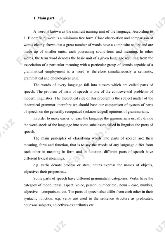 mes independent elements can even serve as sentences themselves; e.g. yes, no, alas. independent class of words include modal words, interjections, words of affirmation and negation. it is noteworthy that the decision of words into parts of speech can be accepted only with certain reservation there are words which cannot be classed among any of the above motioned parts of speech such as a please, anyway ҳар қалай. typological categories of english and uzbek words the words of any language are characterized by their ability to express definite notions existing in this society, thus changing their forms. most of the notions existing in the society have common peculiarities, i.e. they have universal character. among the linguistic categories which can be traced in most of the languages of the world we can see the categories which display typologically general character but can be expressed in different languages in different ways. studying …