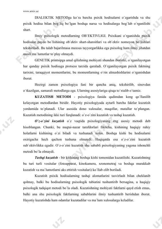 b kelayotgan metodlardan biridir. hayotiy psixologiyada aytarli barcha faktlar kuzatish yordamida to`planadi. ular asosida dono xulosalar, maqollar, matallar to`plangan. kuzatish metodining ikki turi farqlanadi: o`z-o`zini kuzatish va tashqi kuzatish. o`z-o`zini kuzatish o`z vaqtida psixologiyaning eng asosiy metodi deb hisoblangan. chunki, bu nuqtai-nazar tarafdorlari fikricha, kishining haqiqiy ruhiy holatlarni kishining o`zi biladi va tushunadi xolos. boshqa kishi bu hodisalarni oxirigacha hech qachon tushuna olmaydi. haqiqatda esa o`z-o`zini kuzatish sub`ektivlikka egadir. o`z-o`zini kuzatish shu sababli psixologiyaning yagona ishonchli metodi bo`la olmaydi. tashqi kuzatish - bir kishining boshqa kishi tomonidan kuzatilishi. kuzatishning bu turi turli vositalar (fotoapparat, kinokamera, xronometraj va boshqa murakkab kuzatish va ma`lumotlarni aks ettirish vositalari) ko`llab olib boriladi. kuzatish psixik hodisalarning tashqi alomatlarini tasvirlash bilan cheklanib qolmay, balki bu hodisalarning psixologik tabiatini tushuntirib bersagina, u haqiqiy psixologik tadqiqot metodi bo`la oladi. kuzatishning mohiyati faktlarni qayd etish emas, balki ana shu psixologik faktlarning sabablarini ilmiy tushuntirib berishdan iborat. hayotiy kuzatishda ham …