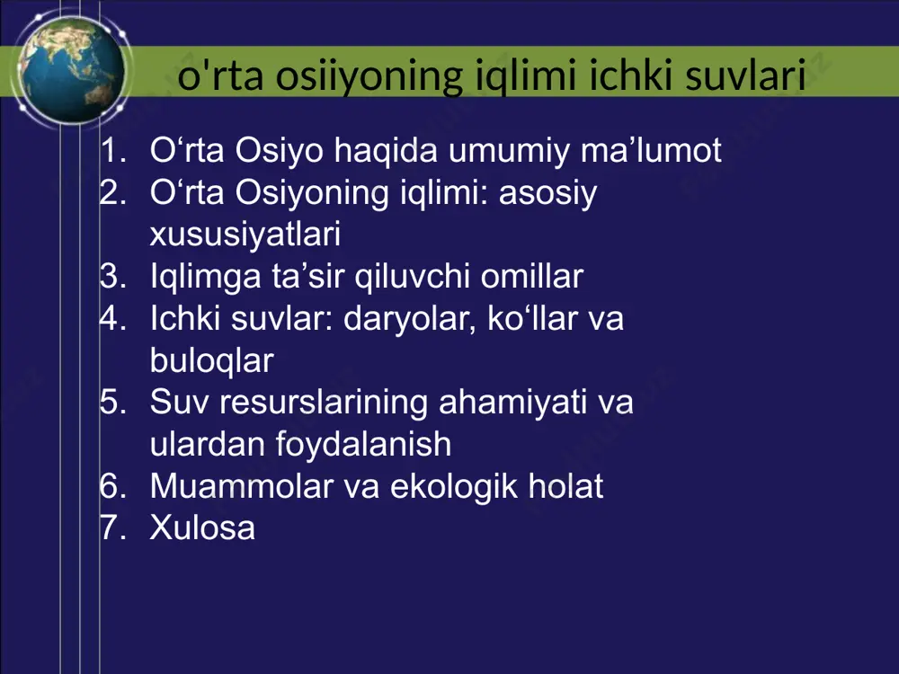 h esa sovuq va kam yog‘inli bo‘ladi. yoz oylarida harorat 40–45°c gacha ko‘tarilishi mumkin. qishda esa -10 dan -25°c gacha sovuq kuzatiladi, ayniqsa tog‘li hududlarda. mintaqada yillik yog‘in miqdori past: o‘rtacha 100–300 mm. yog‘ingarchilik asosan bahor va kuzda bo‘ladi. ko‘plab joylarda qor yog‘ishi kamdan-kam hollarda kuzatiladi. iqlimning bunday quruq bo‘lishi cho‘llarning keng tarqalishiga olib kelgan. qizilqum va qoraqum cho‘llari mintaqaning katta qismini egallaydi. havo namligi past, shuning uchun bug‘lanish darajasi yuqori. bu esa suv tanqisligiga olib keladigan asosiy omillardandir. shamollar, ayniqsa bahorda chang-to‘zonlar keltirib chiqaradi. o‘rta osiyoda quyoshli kunlar juda ko‘p – yiliga 280–300 kun quyoshli bo‘ladi. tog‘li hududlarda iqlim nisbatan salqinroq va yog‘in miqdori ko‘proq. tog‘lar havoni sovutadi va ko‘proq bulut paydo bo‘lishiga sabab bo‘ladi. bu joylarda qor ko‘p tushadi va uzoq saqlanib turadi. daryolar asosan shu tog‘larda qor va muzliklar erishi natijasida hosil bo‘ladi. iqlim sharoitlari mintaqaning qishloq xo‘jaligini cheklaydi. ayniqsa, sug‘orishga qaram bo‘lgan dehqonchilik iqlimga bog‘liq. iqlim …