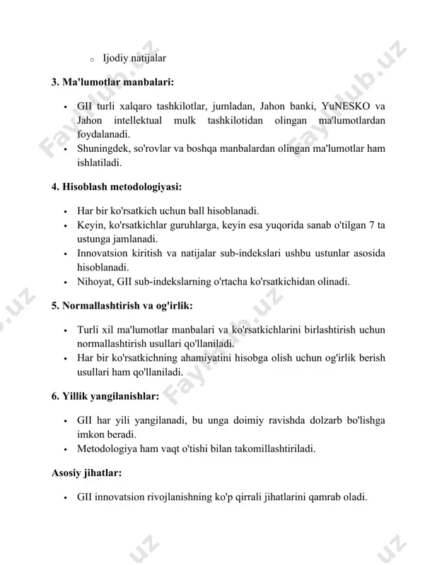 asosiy sabablar keltirilgan: kuchli o'ntalik davlatlari (shveytsariya, shvetsiya, aqsh va boshqalar) sabablari: · yuqori investitsiya darajasi: · bu davlatlar ilmiy-tadqiqot va ishlanmalarga (r&d) katta miqdorda sarmoya kiritadilar. · davlat va xususiy sektor birgalikda innovatsion faoliyatni moliyalashtiradi. · kuchli ta'lim tizimi: · yuqori darajadagi ta'lim muassasalari va ilmiy markazlar mavjud. · fan, texnologiya, muhandislik va matematika (stem) sohalariga alohida e'tibor qaratiladi. · rivojlangan infratuzilma: · zamonaviy telekommunikatsiya, transport va energetika infratuzilmasi mavjud. · yuqori tezlikdagi internet va raqamli texnologiyalar keng tarqalgan. · qulay biznes muhiti: · tadbirkorlikni qo'llab-quvvatlash uchun qulay qonunchilik va siyosat mavjud. · intellektual mulk himoyasi kuchli. · qulay sarmoyaviy muhit. · innovatsion madaniyat: · jamiyatda innovatsiyalarga yuqori baho beriladi. · tadbirkorlik va yangi g'oyalarni qo'llab-quvvatlash madaniyati rivojlangan. · ilmiy tadqiqotlar natijalari: · uzoq yillik ilmiy tadqiqotlar natijalari va ilmiy yangiliklar shuningdek patentlar soni ham yuqori. · yirik ilmiy korporatsiya va universitetlar o'rtasida hamkorlik yaqqol ko'zga tashlanadi. qoloq beshlik …