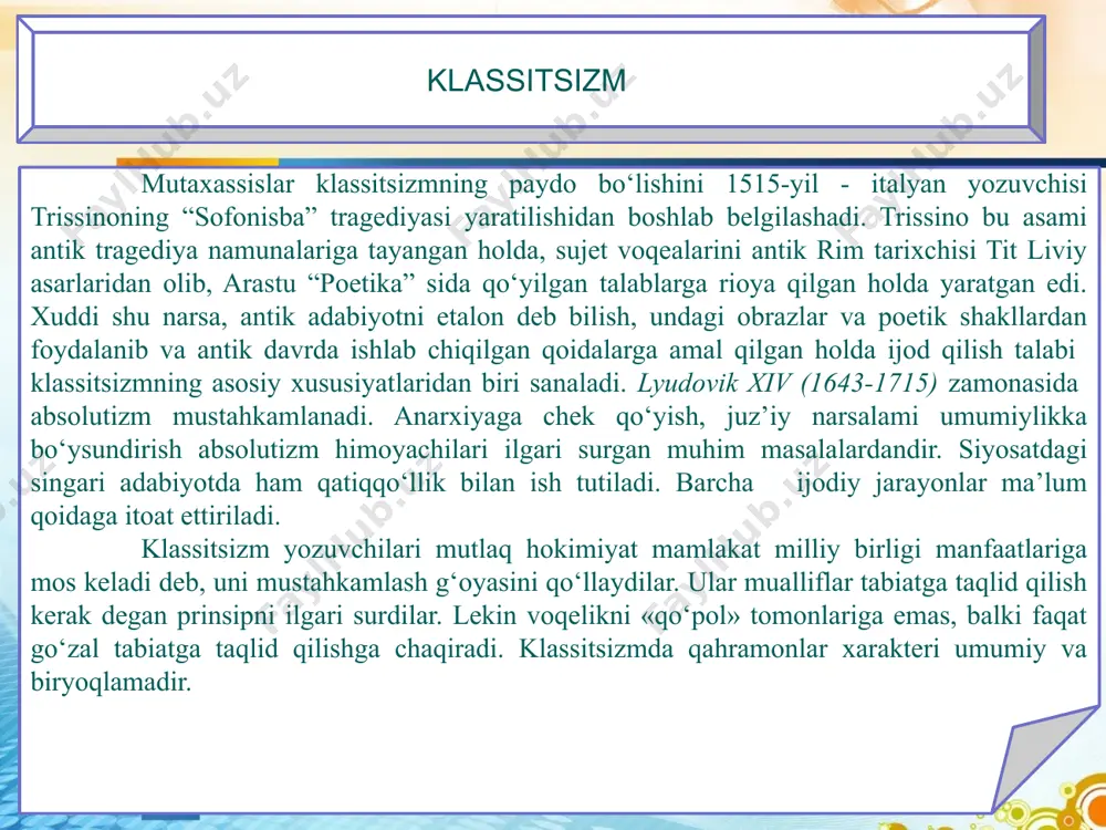 asosiy vakillari: james joyce, franz kafka, marcel proust, virginia woolf. taniqli asarlar: james joyce ning “uliss”, kafka ning “jarayon”, virginia woolf ning “to‘lqinlar”. ekspressionizm (20-asr boshlarida) asosiy xususiyatlari: ekspressionizm san’at va adabiyotda insonning ichki hissiyotlarini kuchli, yorqin, o‘tkir ifodalashga qaratilgan. bu uslubda yozilgan asarlarda ichki ziddiyatlar, ruhiy g‘alayon va ma’nosiz hayot haqidagi o‘ylanishlar ifoda etiladi. ekspressionizm, ayniqsa, birinchi jahon urushidan keyin keng tarqaldi. asosiy vakillari: franz kafka, rainer maria rilke. taniqli asarlar: kafka ning “metamorfoz”, rilke ning “malte laurids brigge ning qo‘lyozmalari”. futurizm (20-asr boshlarida) asosiy xususiyatlari: futurizm texnologiya va zamonaviy davr g‘oyalarini ulug‘laydi. bu yo‘nalishda yozilgan asarlar kelajak texnologiyalari, tezkorlik, zamonaviy shaharlashuv va urushlarni tasvirlaydi. futurizmning asosiy maqsadi - an’analarni rad etib, yangi san’at va hayot tarziga chaqirish. asosiy vakillari: fillipo tommaso marinetti, vladimir mayakovskiy. taniqli asarlar: mayakovskiy ning “ovozli odam”, marinetti ning “futuristik manifestlar”. postmodernizm (20-asr oxiri - hozirgi davr) asosiy xususiyatlari: postmodernizm turli madaniy kontekstlarni aralashtirish, an’anaviy …