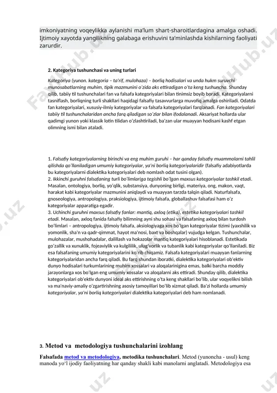 i jarayonida eskining yangi tomonidan inkor qilish ro’y beradi. birok eskilik butunligicha inkor qilinmay, undagi ijobiy tomonlar saqlanib qoladi. metafizik yo’nalish inkorning ijodiy yaratuvchanlik rolini tan olmaydi. bundan farqli ularoq, dialektik qarash eski narsani yangi narsa inkor qilishini ta’kidlaydi. xar bir jarayon inkor qilish jixatiga ega. ichki zidiyatlar tufayli tarakkiyot jarayonini ertami kechmi eski narsaning yemirilishiga va yangi narsani vujudga kelishiga olib keladi. inkorni inkor qonuni. eskining o’rniga yangining kelishi uning kundan kunga mustaxkamlanishi, rivojlanishi va ularning ajralmasligi taraqqiyotning boshlanish xususiyatini belgilaydi. yangi eskining o’rnini egallab borishida eskidan ijobiy, muxim tomonlarini o’zida mujassamlashtirib, yuqorirok sifat xususiyatlariga aylanadi. eskining o’rniga kelgan yangi dastlab, imkoniyat ko’rinishida bo’ladi. bu imkoniyatning voqeylikka aylanishi ma’lum shart-sharoitlardagina amalga oshadi. ijtimoiy xayotda yangilikning galabaga erishuvini ta’minlashda kishilarning faoliyati zarurdir. 2. kategoriya tushunchasi va uning turlari kategoriya (yunon. kategoria – ta'rif, mulohaza) – borliq hodisalari va unda hukm suruvchi munosabatlarning muhim, tipik mazmunini o‘zida aks ettiradigan o‘ta keng …