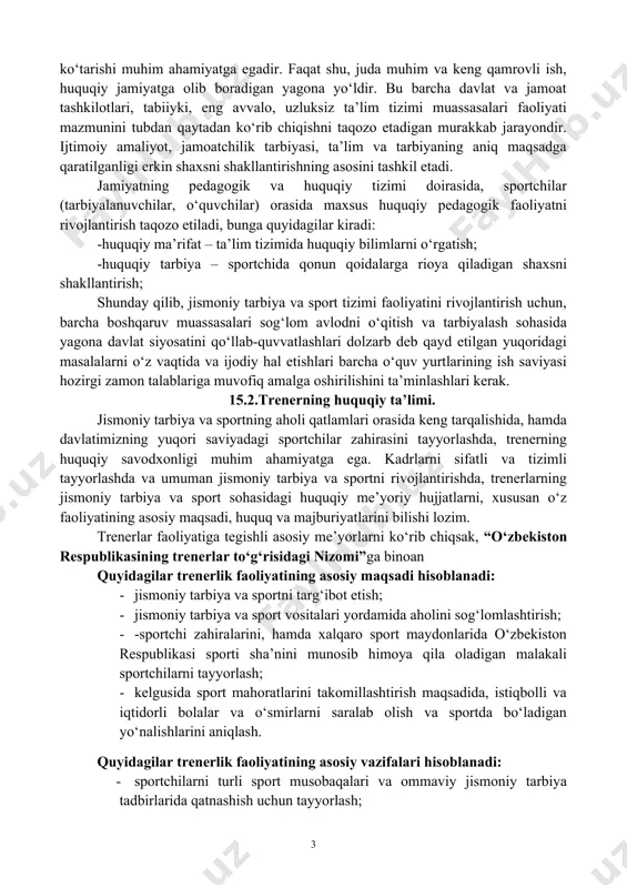 a, hoxish iroda va talablarda o‘zini doimo huquq chegarasida ushlash; -o‘zining maqsadi, muammolari, talablarini hal qilishda faqat huquqiy usullarni qo‘llashga intilish; -qonun himoyachilariga yordamga intilish; -ishda, o‘qishda, yashash joyida qonun – qoidalarga rioya qilinishini qo‘llab-quvvatlash, oila a’zolari va boshqalarni qonunbuzarchiligiga yo‘l qo‘ymaslik. sportchining huquqiy ta’limi quyidagilardan iborat: -kundalik hayotda, ishda va oilada eng zarur bo‘lgan qoidalarni bilish; -hayotda va ish faoliyatida uchraydigan muammolarni qonuniy hal qilish; -o‘z huquqlarini va manfaatlarini qonuniy himoya qilish qoidalarini bilish; -o‘z shaxsiy xavfsizligini, zarur mudofaa chegarasida, qonuniy himoya qilish; qonunbuzarlikning asosiy sabablari quyidagilar iborat: -jamiyat va shaxs o‘rtasidagi ziddiyatlar(maishiy ahvolining og‘irligi); -oilaviy tarbiyadagi kamchiliklar (oila notinchligi); -insonning shaxsiy sifatlari (hamda kattalar tomonidan janjal uyushtirilishi); -o‘quv maskanlaridagi tarbiyaviy xatolar (huquqiy bilimlarning yetishmasligi) ko‘pincha kichik qoidabuzarliklar, o‘g‘riliklar, uydan qochishlar va hokozolar yuzaga chiqmay, jazolanmay qoladi. bunday, bu tarafdan kichik ko‘ringan hodisalar o‘spirin yoshlarda beayblik hissini shakllantiradi. trener sportchilarni (tarbiyalanuvchilarni, o‘quvchilarni) huquqiy madaniyati va xulqini shakllantirishida, ijtimoiy pedagogika …
