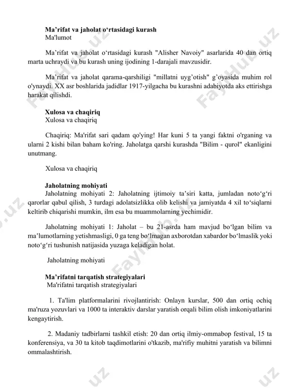 q: ma'rifat sari qadam qo'ying! har kuni 5 ta yangi faktni o'rganing va ularni 2 kishi bilan baham ko'ring. jaholatga qarshi kurashda "bilim - qurol" ekanligini unutmang. xulosa va chaqiriq jaholatning mohiyati jaholatning mohiyati 2: jaholatning ijtimoiy taʼsiri katta, jumladan notoʻgʻri qarorlar qabul qilish, 3 turdagi adolatsizlikka olib kelishi va jamiyatda 4 xil toʻsiqlarni keltirib chiqarishi mumkin, ilm esa bu muammolarning yechimidir. jaholatning mohiyati 1: jaholat – bu 21-asrda ham mavjud boʻlgan bilim va maʼlumotlarning yetishmasligi, 0 ga teng boʻlmagan axborotdan xabardor boʻlmaslik yoki notoʻgʻri tushunish natijasida yuzaga keladigan holat. jaholatning mohiyati ma’rifatni tarqatish strategiyalari ma'rifatni tarqatish strategiyalari 1. ta'lim platformalarini rivojlantirish: onlayn kurslar, 500 dan ortiq ochiq ma'ruza yozuvlari va 1000 ta interaktiv darslar yaratish orqali bilim olish imkoniyatlarini kengaytirish. 2. madaniy tadbirlarni tashkil etish: 20 dan ortiq ilmiy-ommabop festival, 15 ta konferensiya, va 30 ta kitob taqdimotlarini o'tkazib, ma'rifiy muhitni yaratish va bilimni ommalashtirish. 📌xulosa ma'rifat tushunchasi jaholatga …